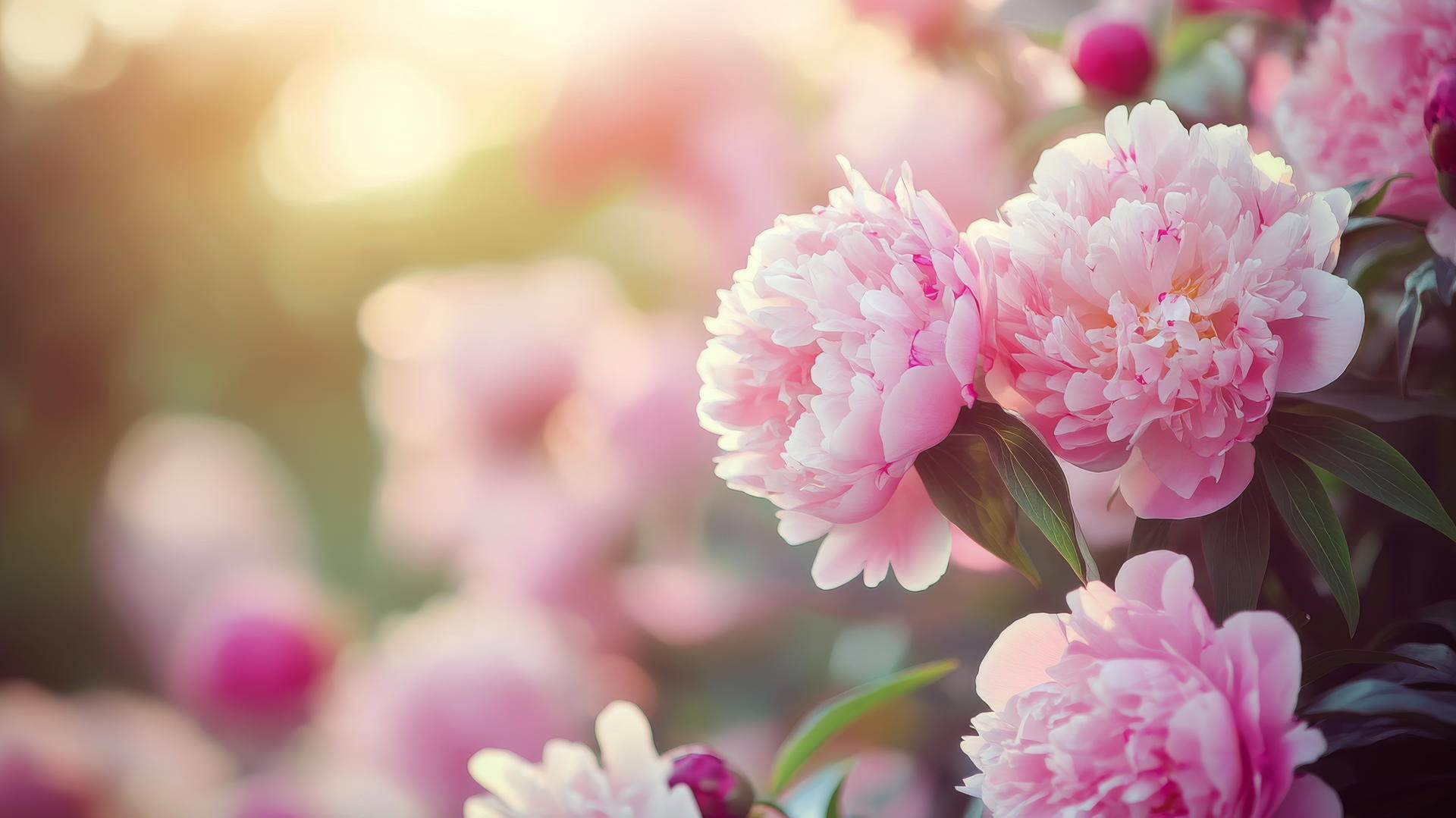 Dreamy flower nature wallpaper with pink peonies in full bloom