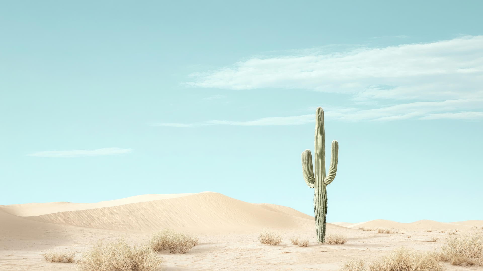nature aesthetic wallpaper with minimalist desert, soft dunes, pale blue sky, and cactus