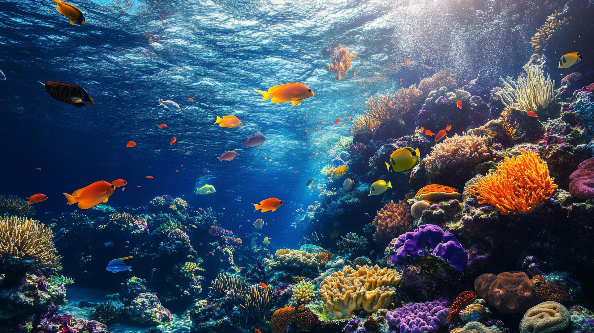 nature wallpaper depicting vibrant coral reef with colorful fish and marine life
