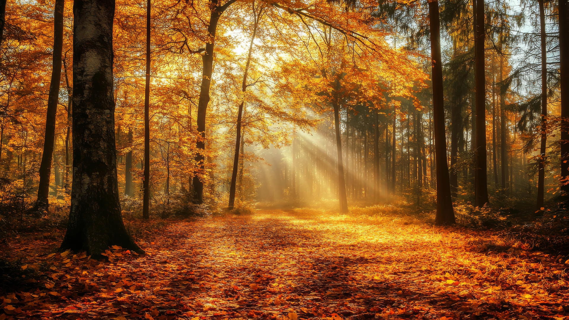 nature wallpaper with vibrant forest during autumn, golden leaves on the ground