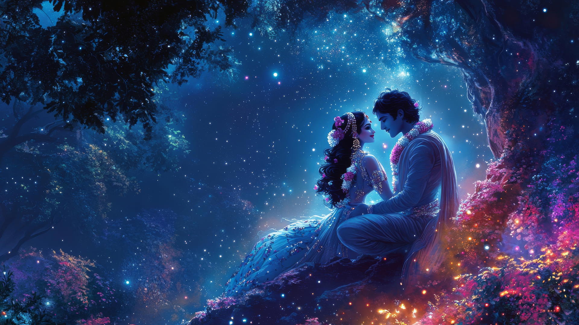 Radha Krishna HD wallpaper under a canopy of stars with soft moonlight