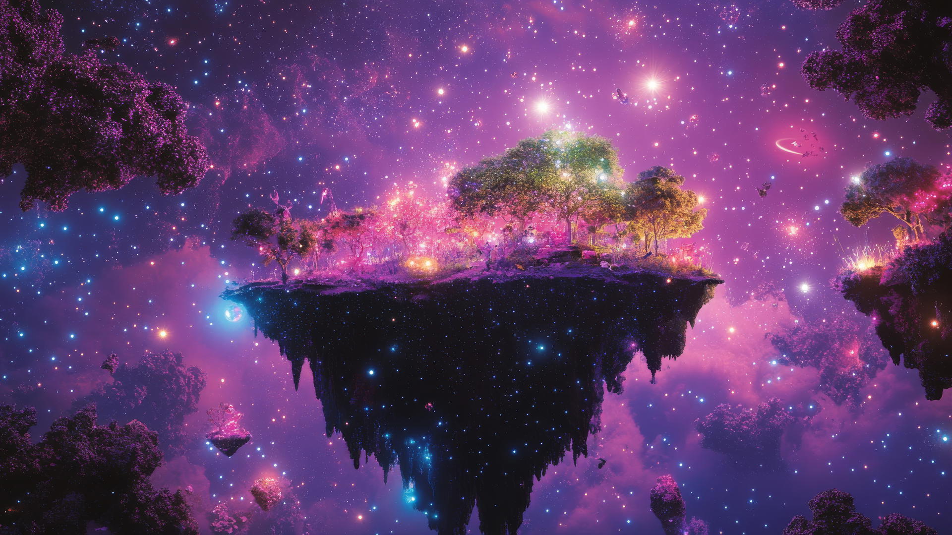Y2K star wallpaper with floating digital island, neon trees, pixelated animals, and holographic constellations