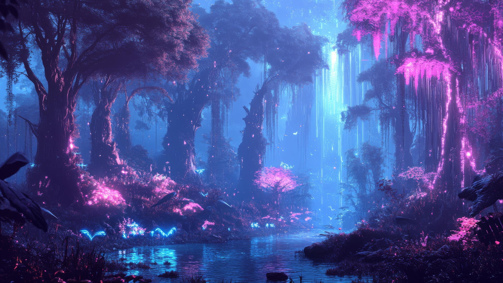 Y2K aesthetic wallpaper with neon trees and pixelated wildlife in a holographic mist