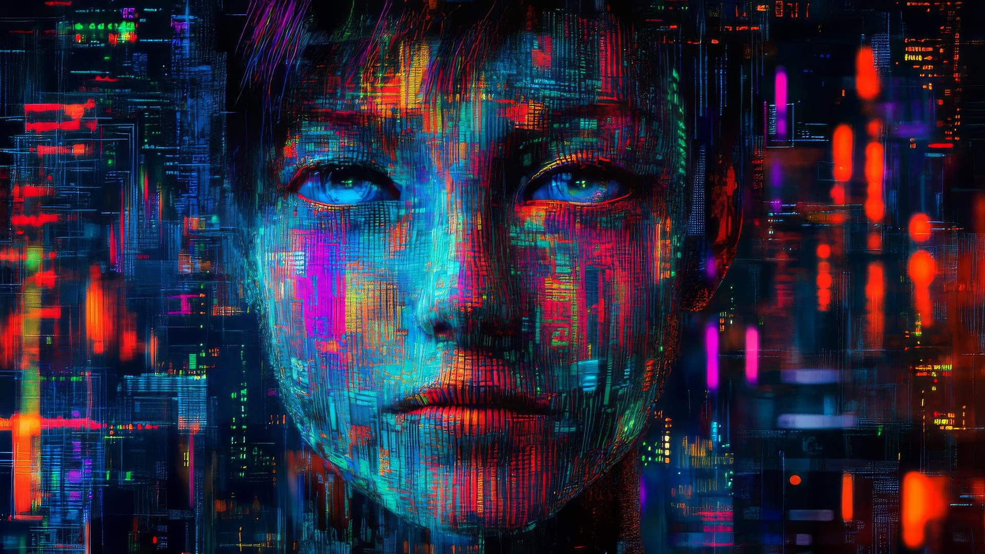 cyber y2k wallpaper with glitchy digital face, neon circuits, pixelated elements