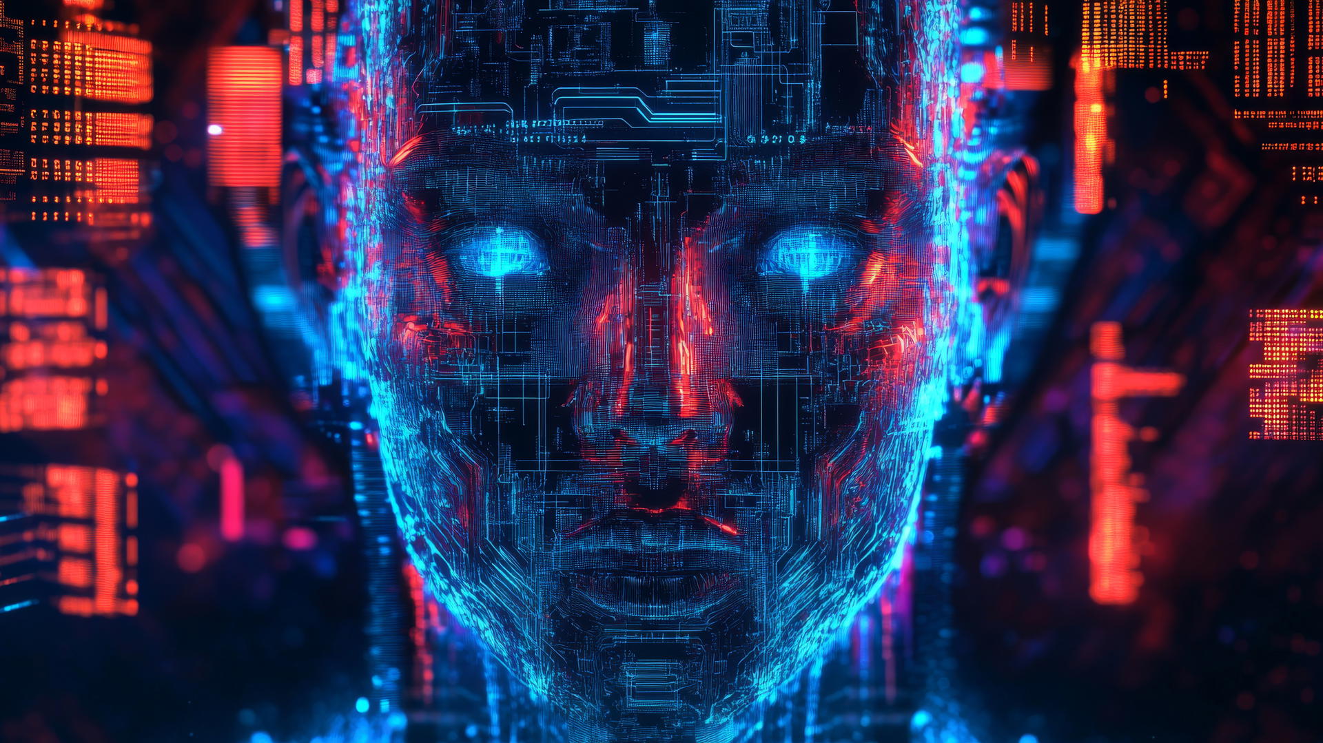 A cyber Y2K wallpaper featuring a glitchy digital face with neon circuits, pixelated elements, and binary code streams.