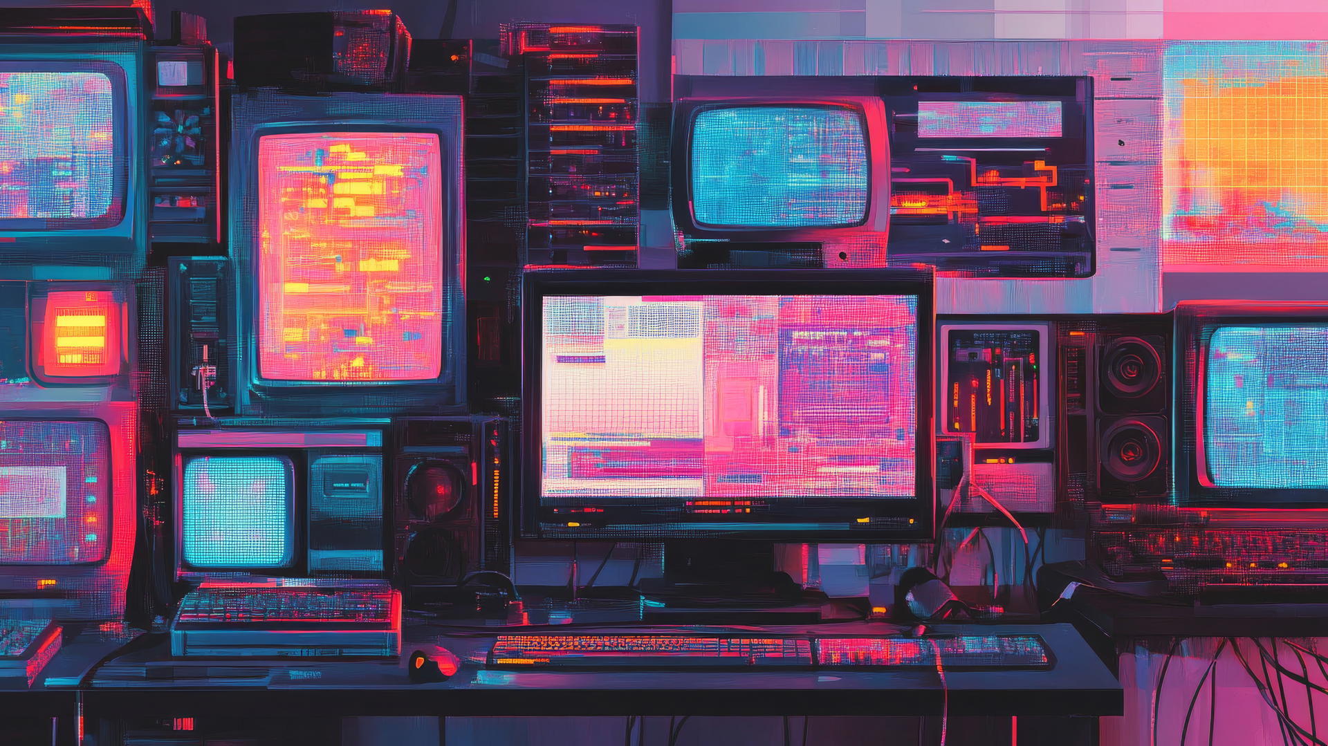 wallpaper y2k with retro computer desktops, pixelated icons, glitch effects, neon screensavers in collage