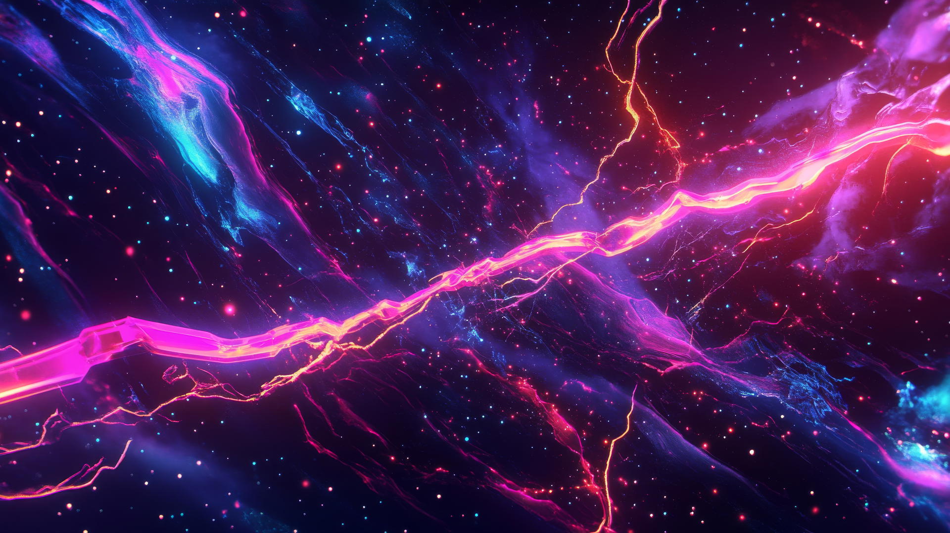 Energetic Y2K wallpaper with digital and abstract elements, neon lightning, and pixelated starbursts against a cosmic background.