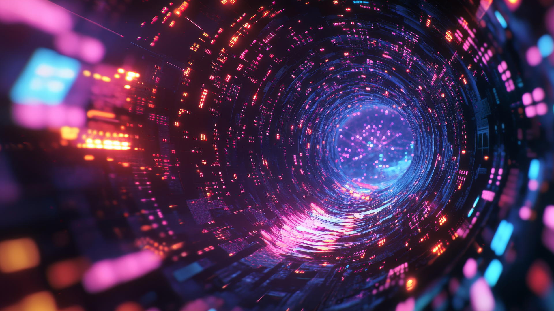 Y2K wallpaper with swirling vortex of binary code, pixelated particles, geometric shapes.