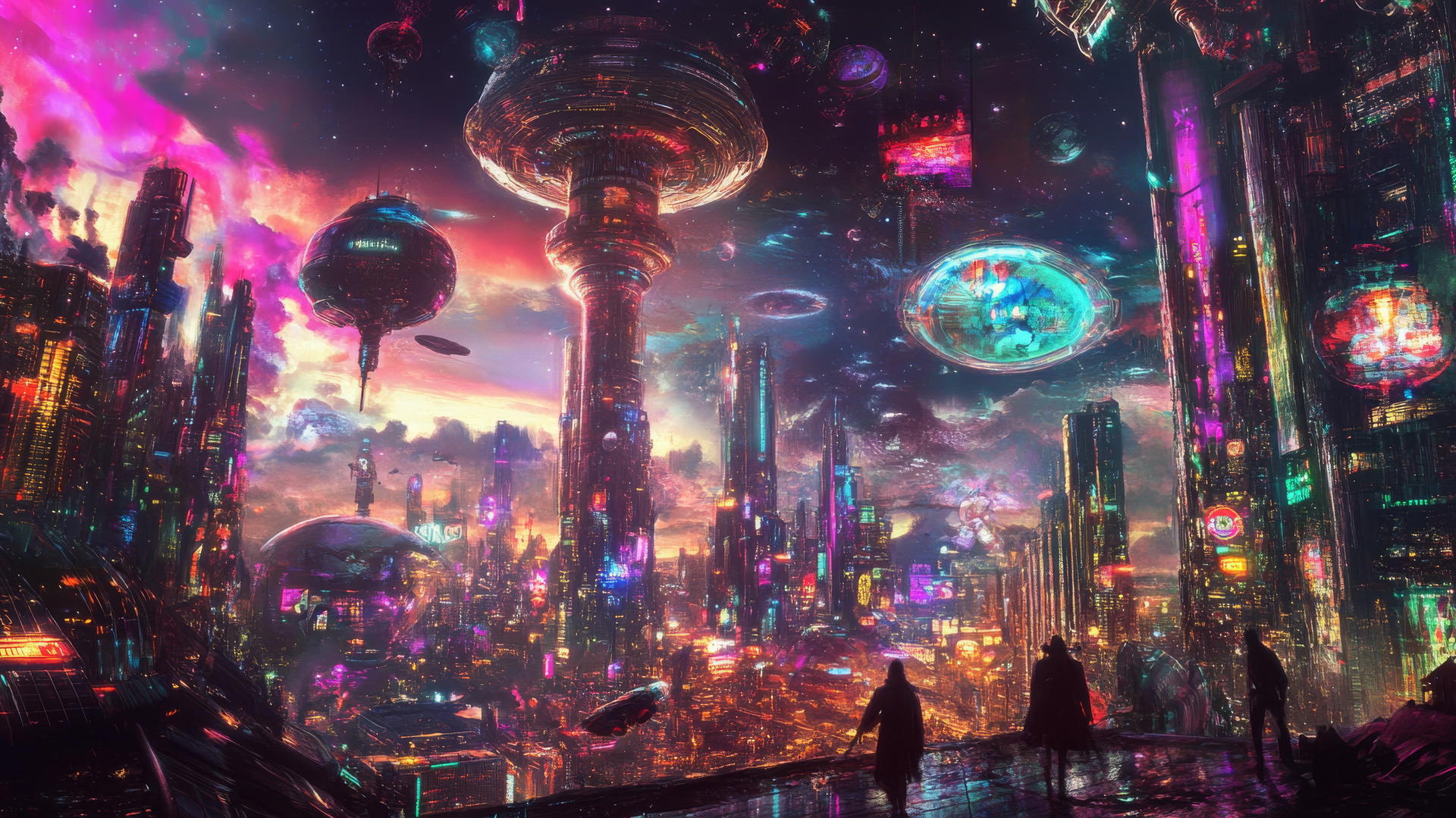 Y2K wallpaper of a vibrant surreal cyberpunk landscape with neon colors