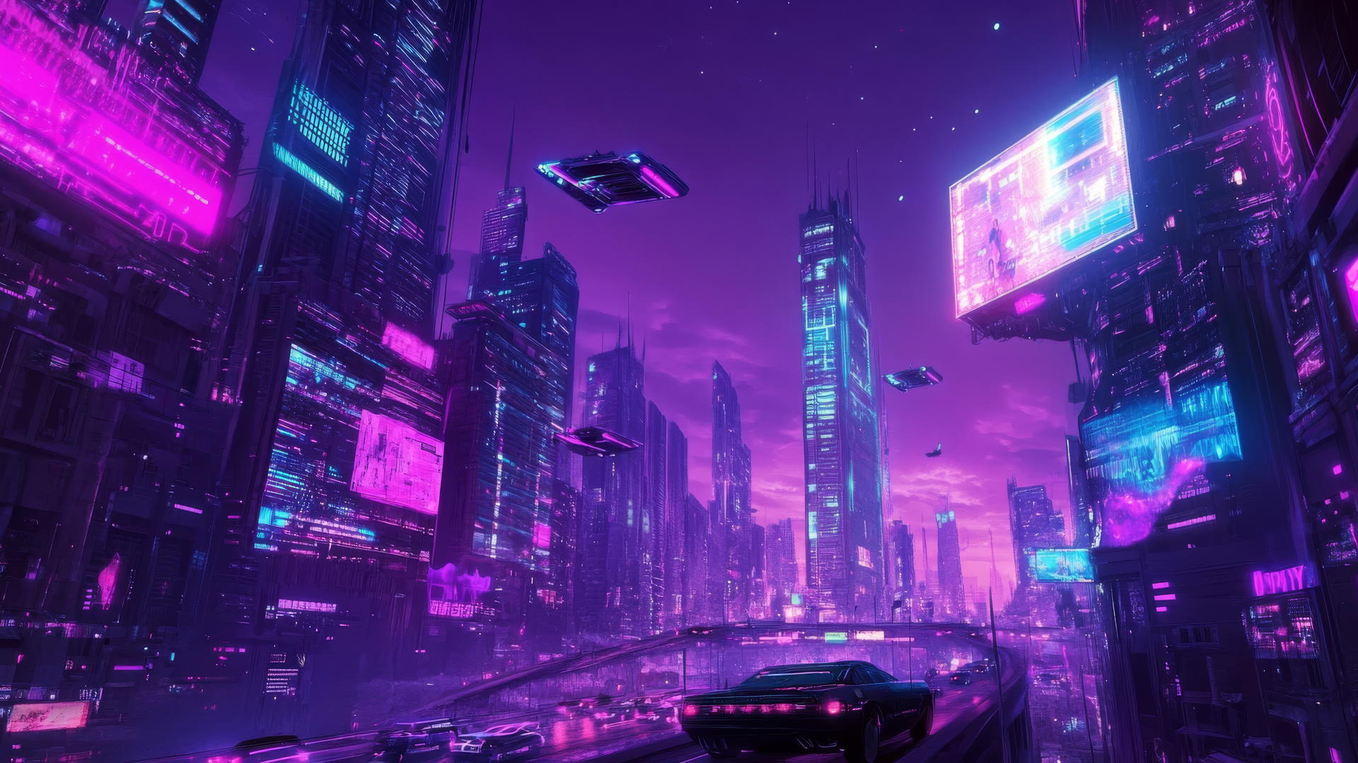 y2k wallpaper neon-lit cityscape with glitchy digital billboards and flying cars