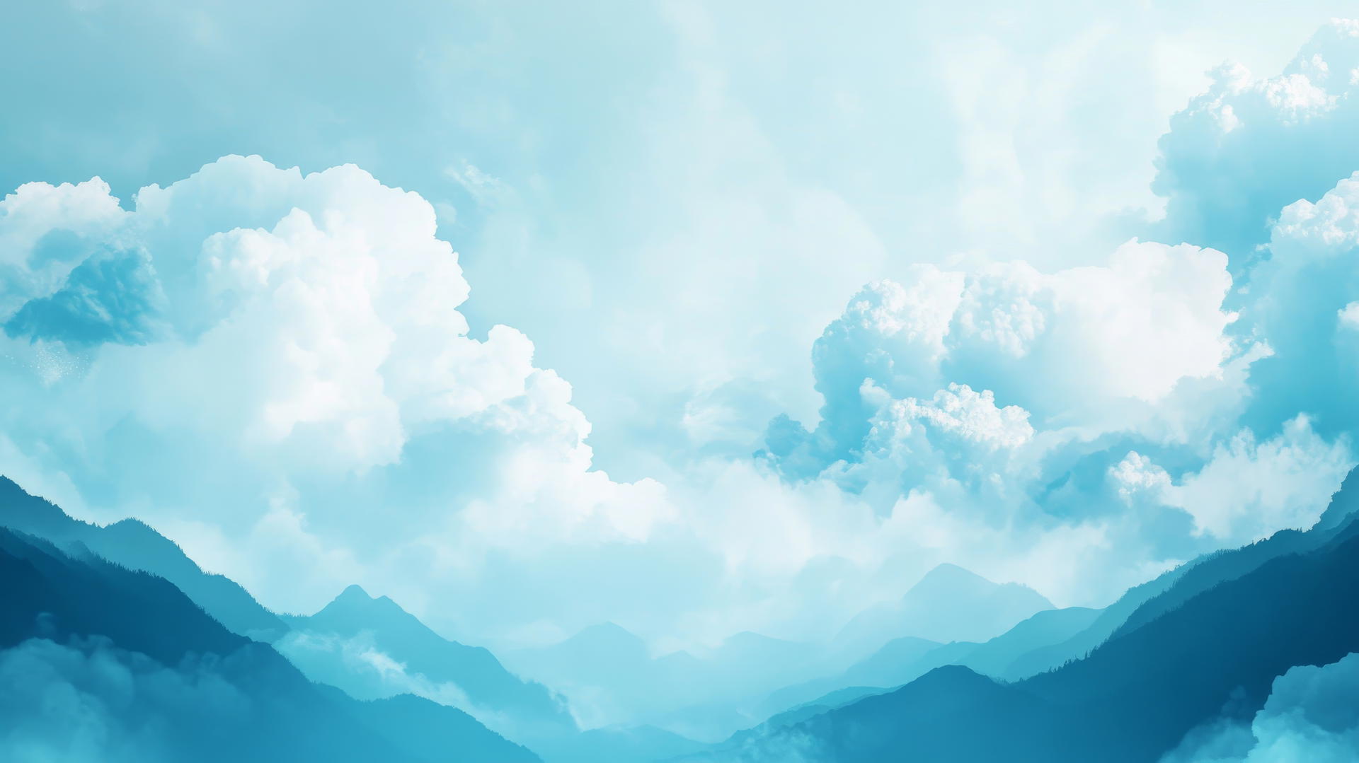 blue aesthetic wallpaper with fluffy blue clouds over a distant mountain range
