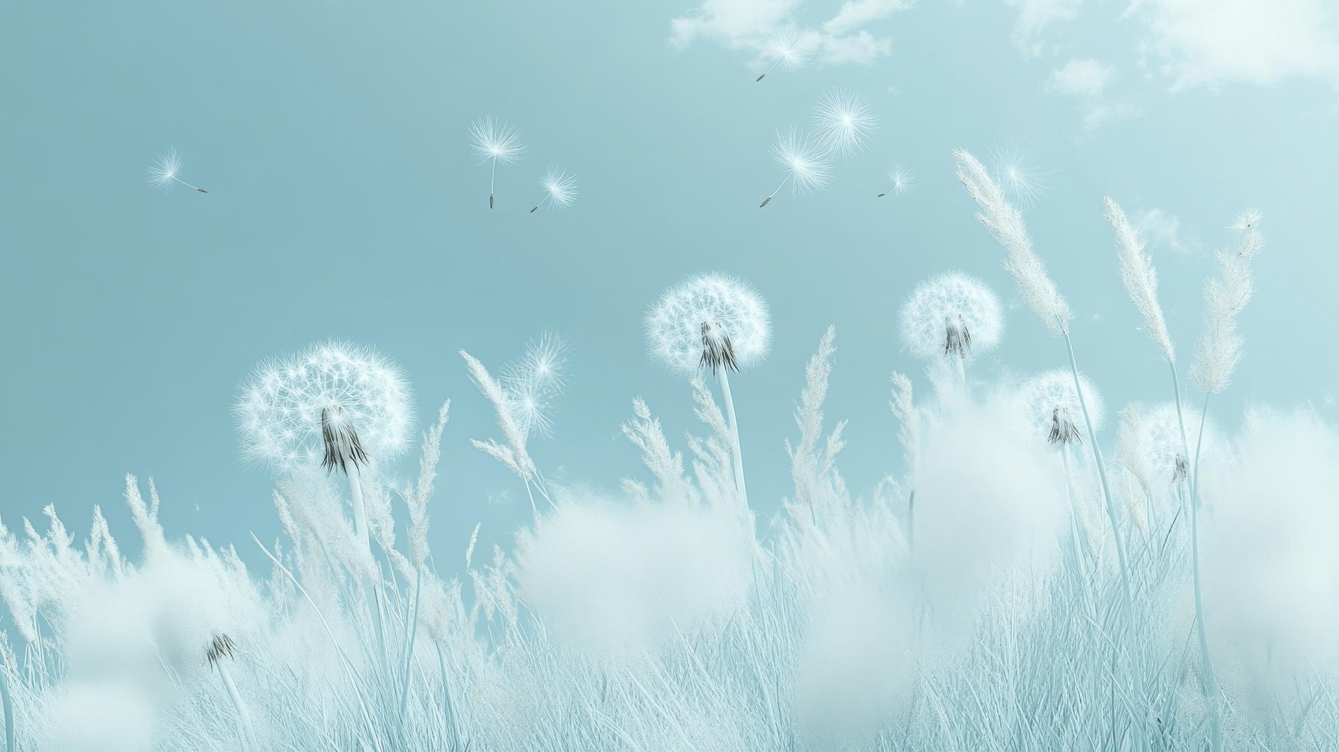 light blue wallpaper with dandelion seeds blowing in the wind