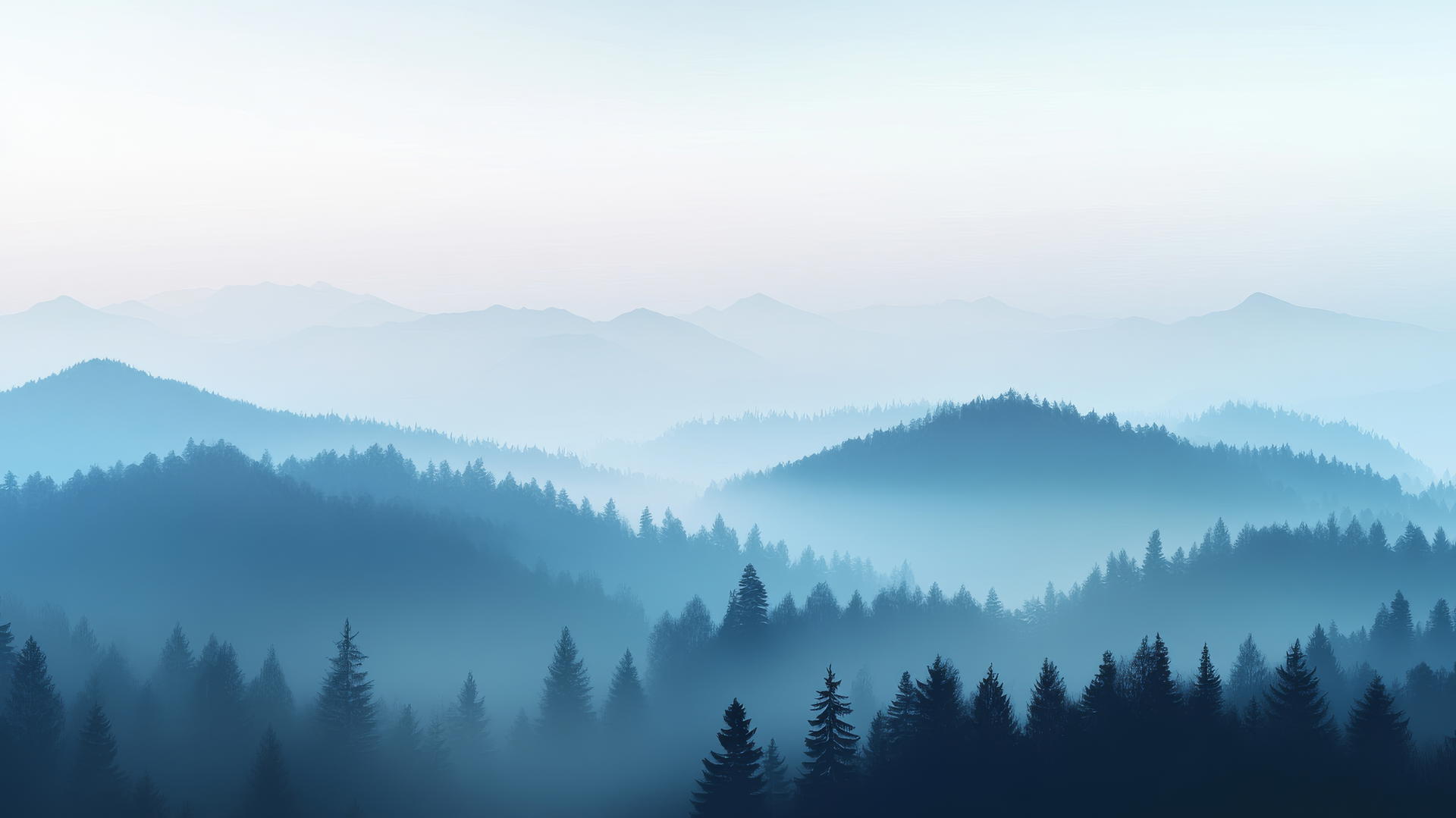 Blue wallpaper aesthetic with a dreamy foggy landscape, misty hills, and distant trees.