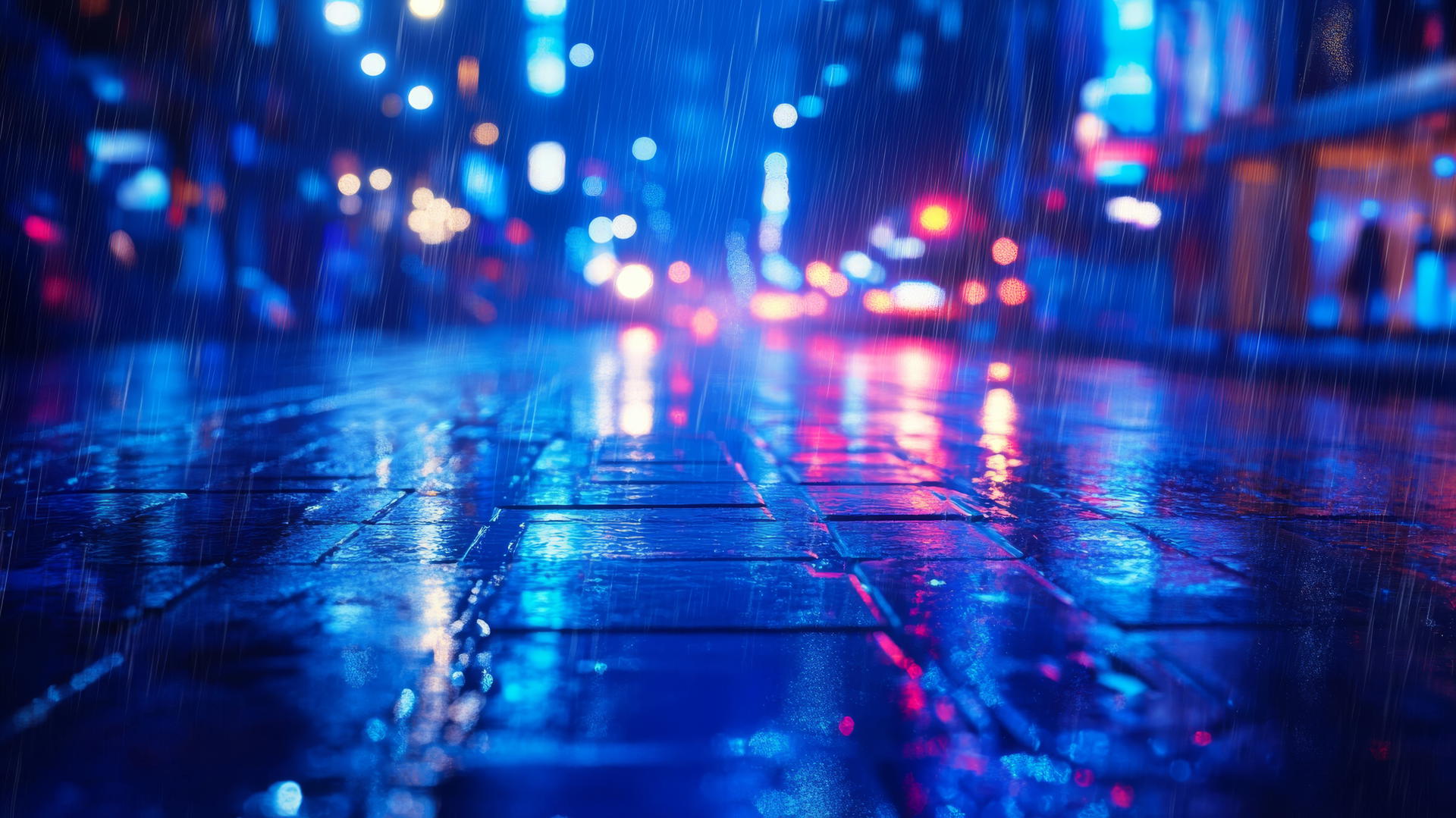 wallpaper blue, rainy city street with reflections of lights on wet pavement