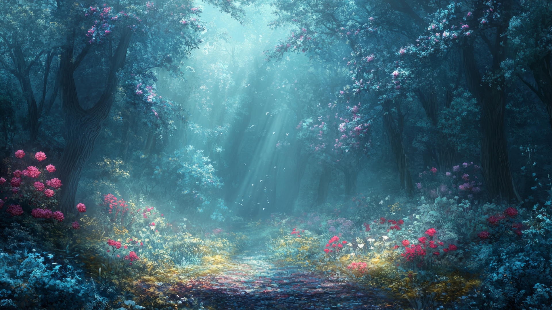wallpaper blue mist in enchanted floral forest