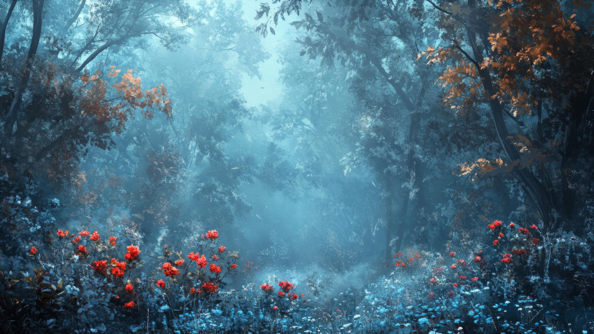 Wallpaper blue mist in an enchanted floral forest with mystical atmosphere