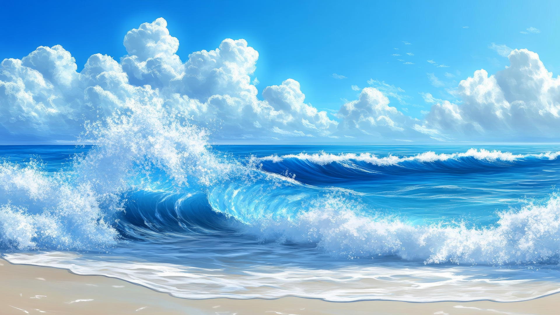 blue and white wallpaper of ocean waves crashing with white foam and spray