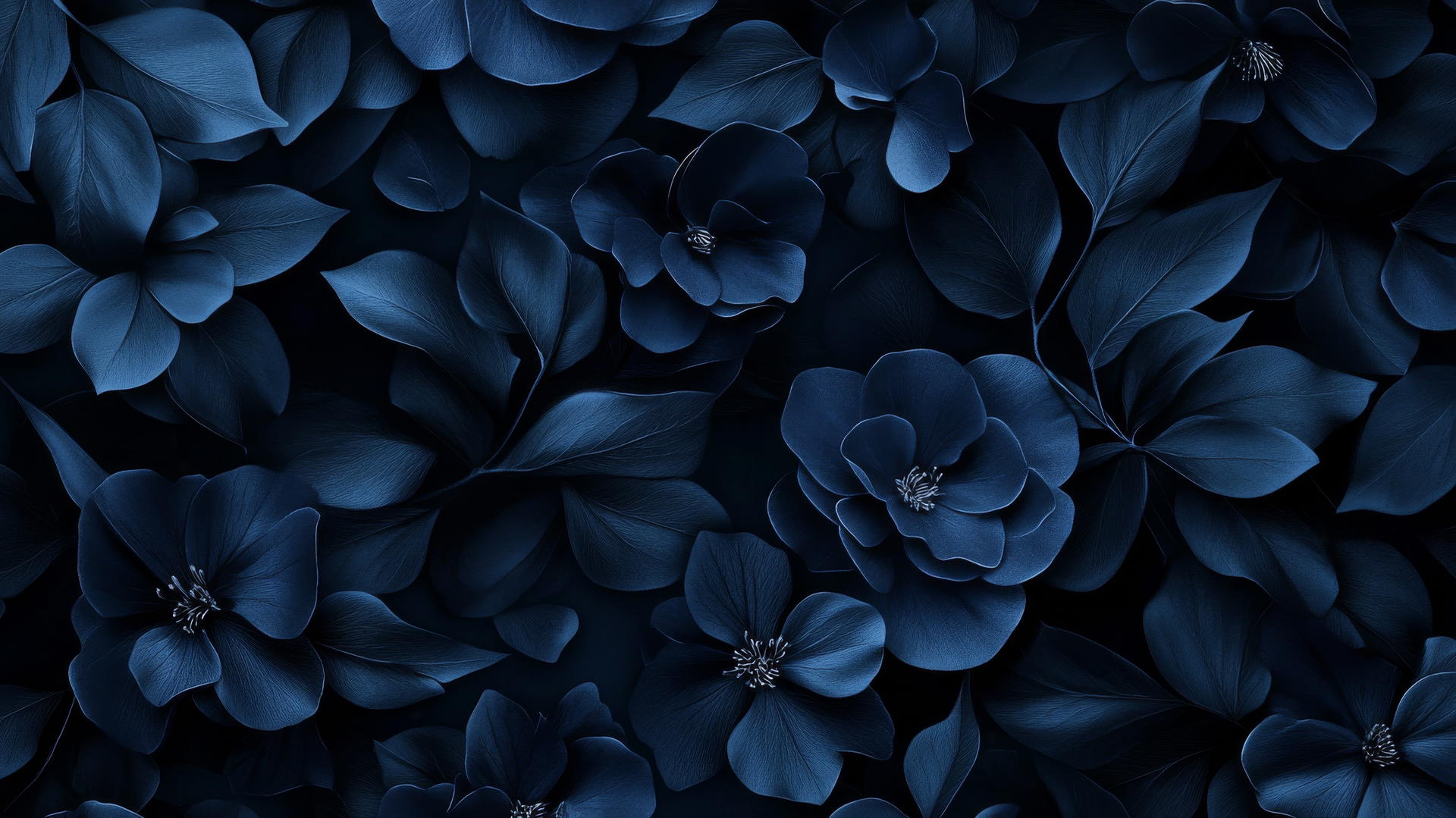 dark blue aesthetic wallpaper with intricate floral pattern, delicate petals and leaves on black background
