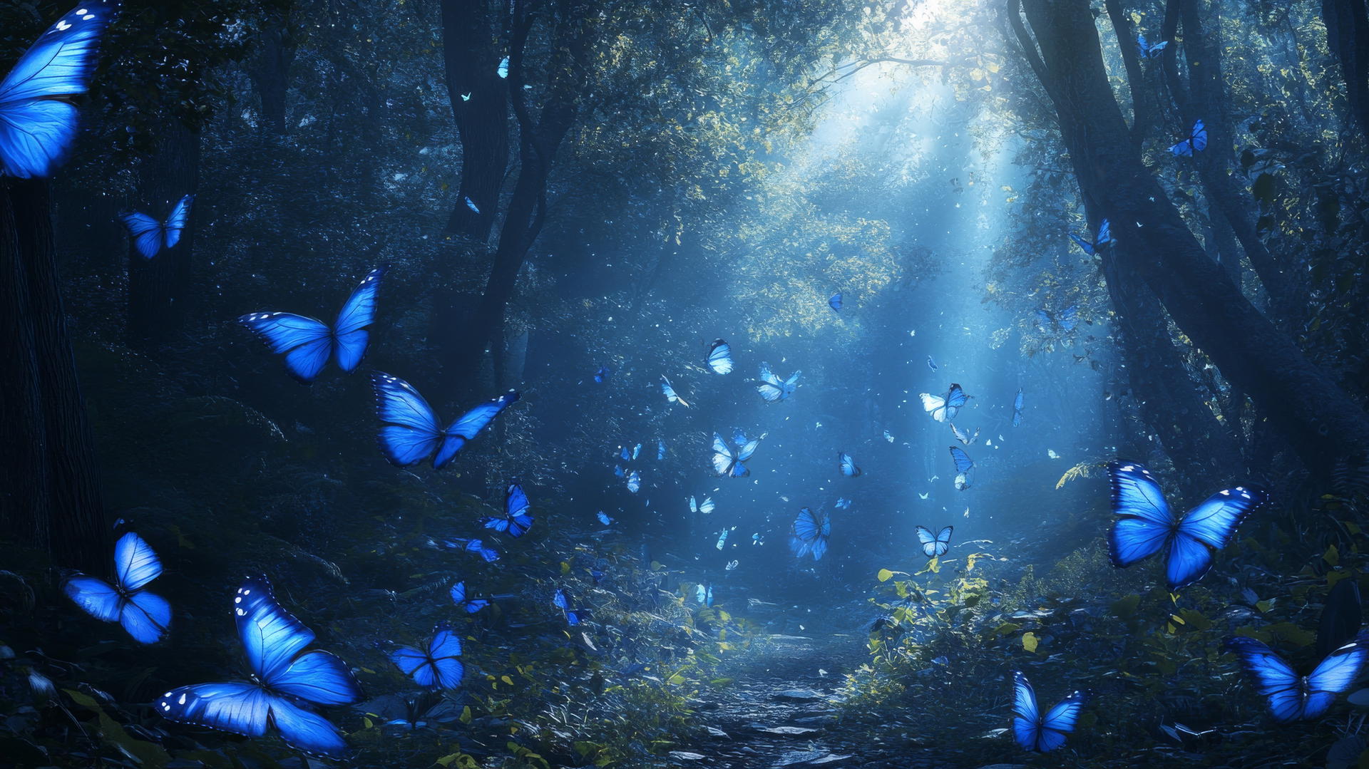 blue butterfly wallpaper in a mystical forest illuminated by moonlight