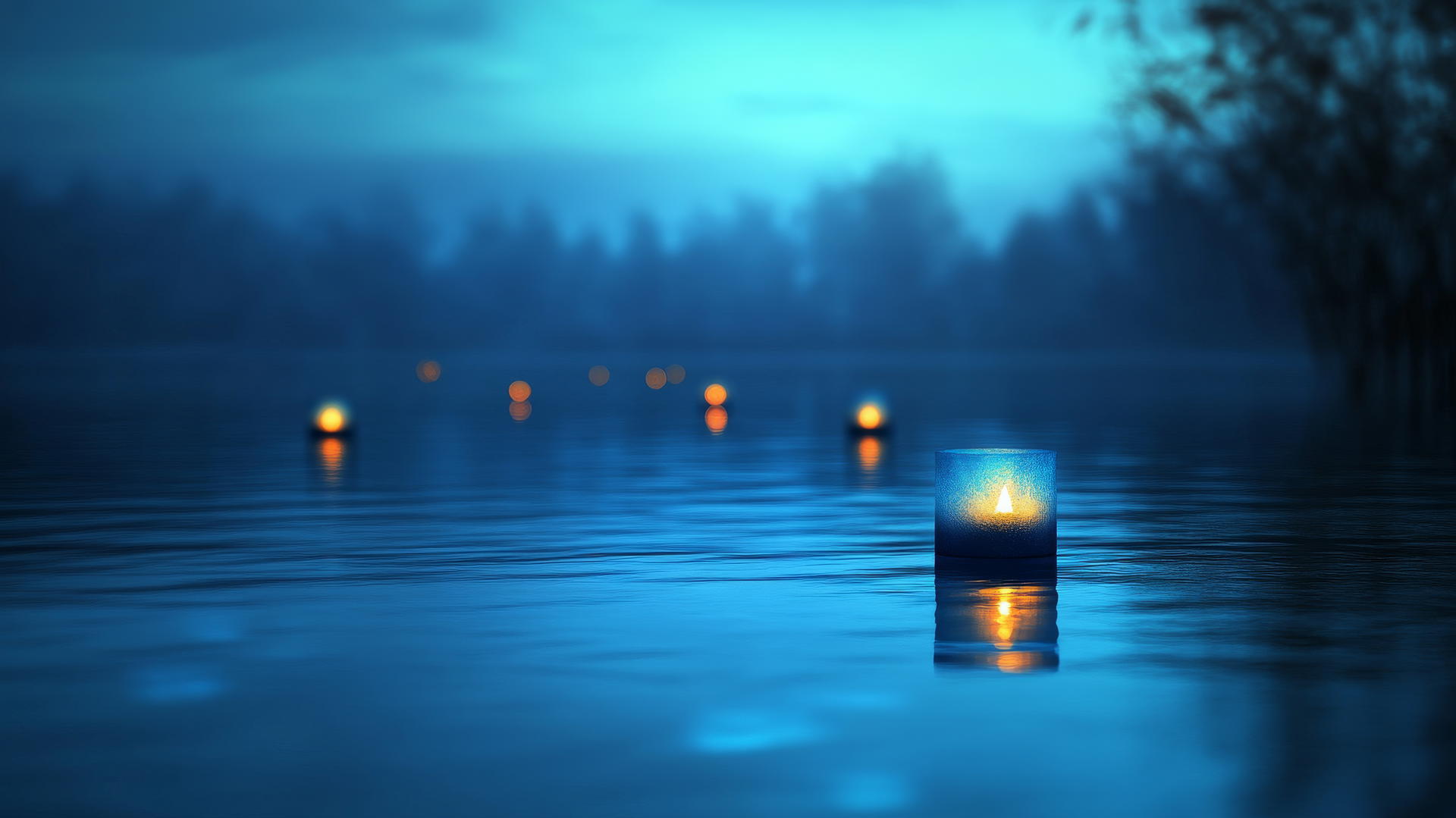 aesthetic blue wallpaper with floating blue lanterns on a dark blue lake