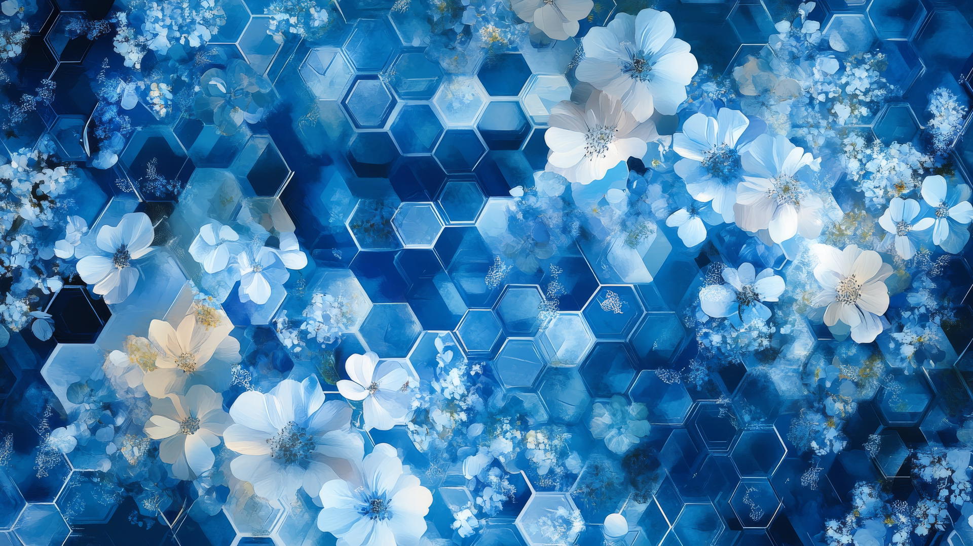 blue floral wallpaper with geometric shapes