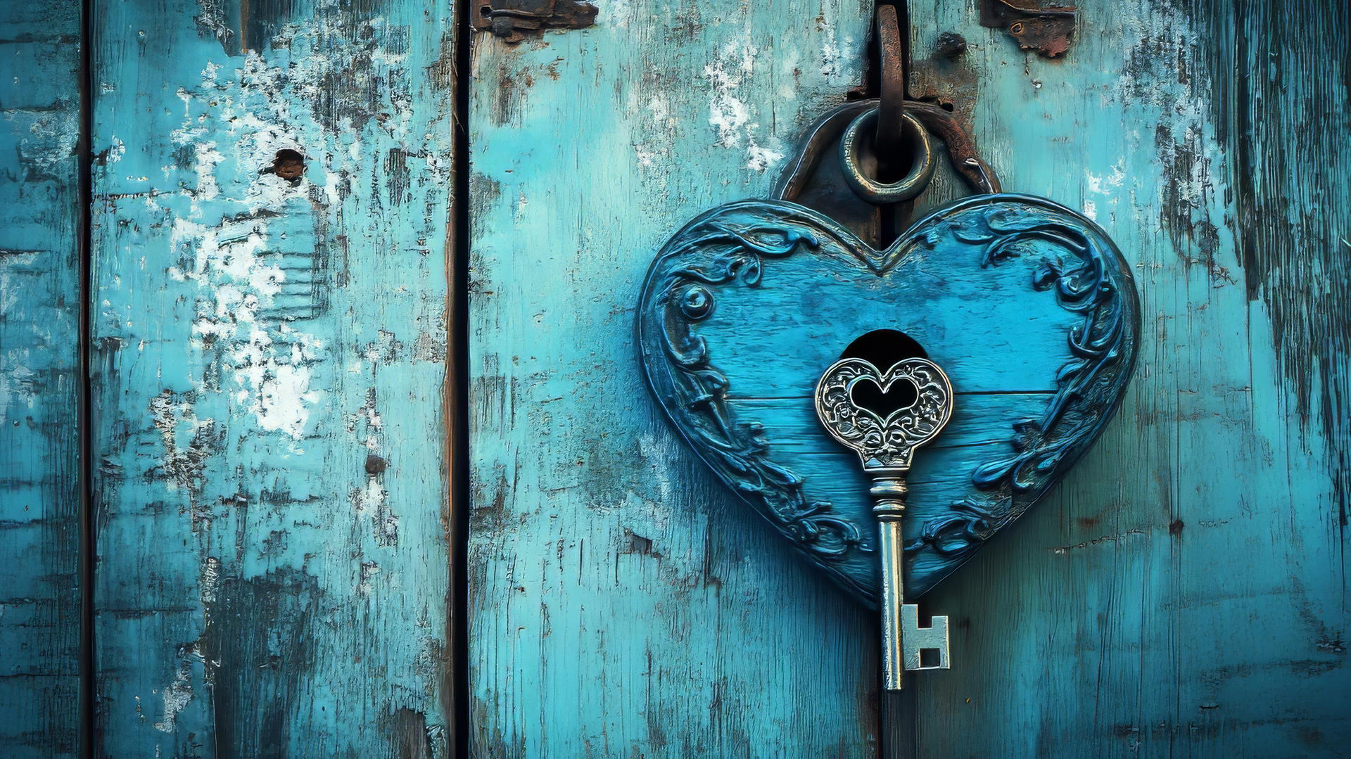 blue heart wallpaper with a vintage lock and key on a rustic wooden background