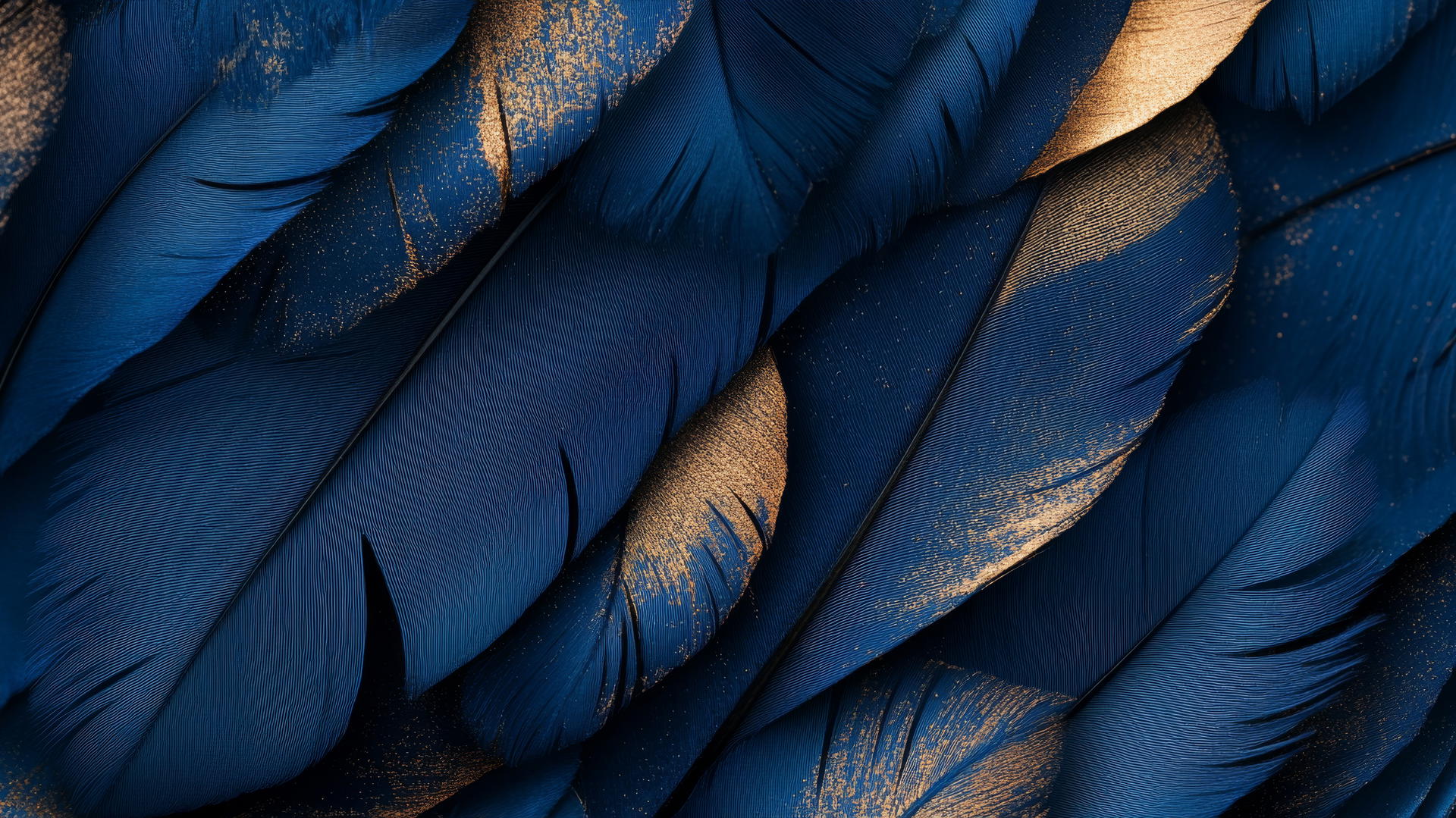 Royal blue wallpaper with elegant feathers and fine gold dust