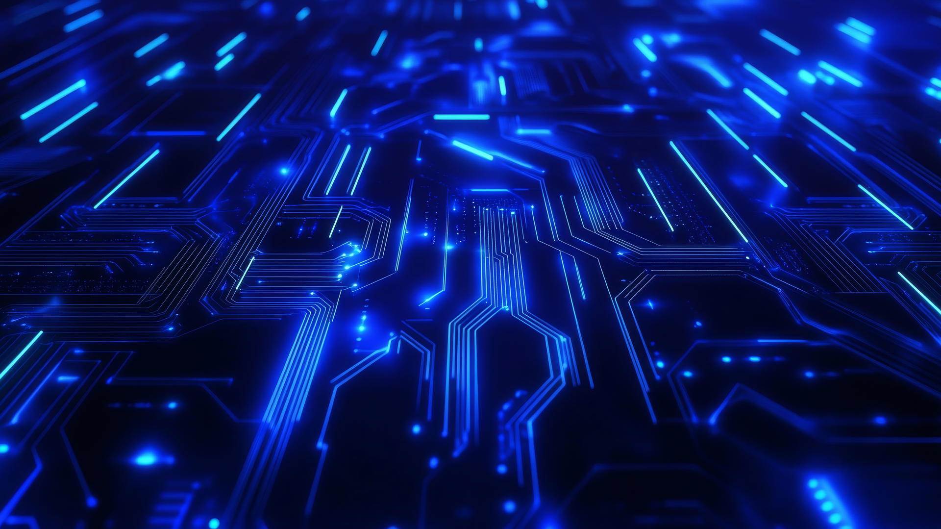 royal blue wallpaper with futuristic digital circuit board design, glowing lines and nodes