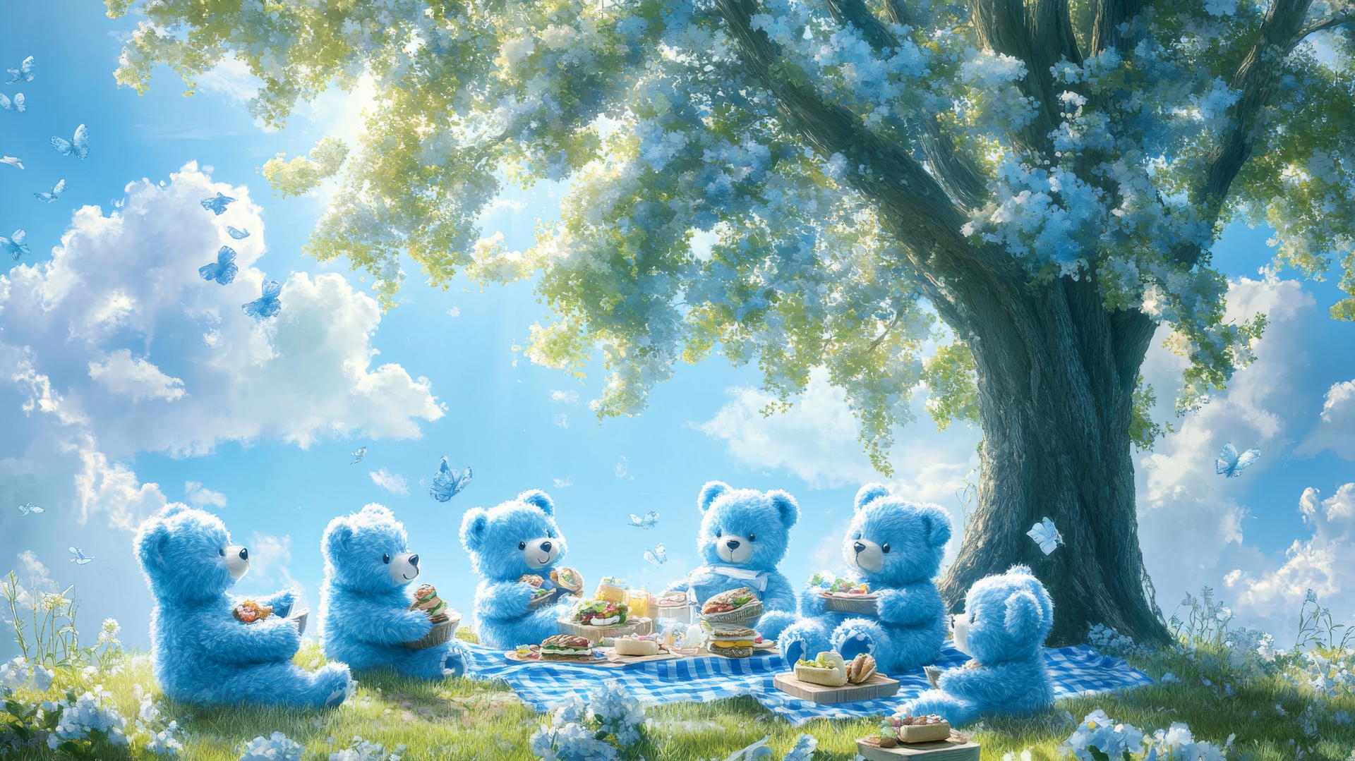 cute blue wallpaper with fluffy blue teddy bears having a picnic under a big tree