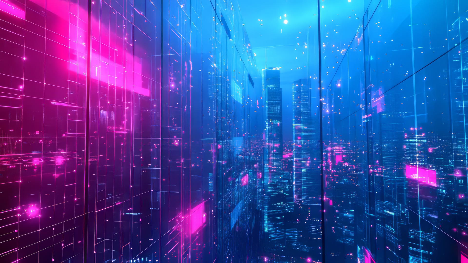 pink and blue wallpaper of modern cityscape with neon lights
