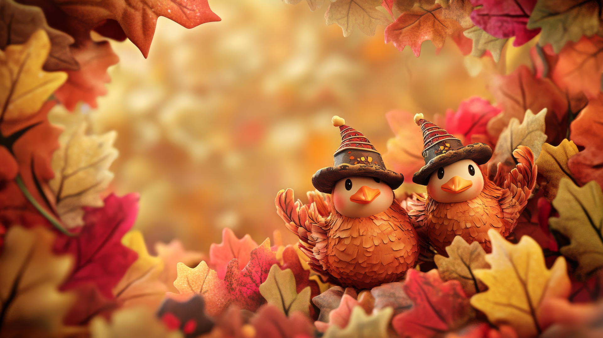 Thanksgiving wallpaper with cartoon turkeys in pilgrim hats and autumn leaves