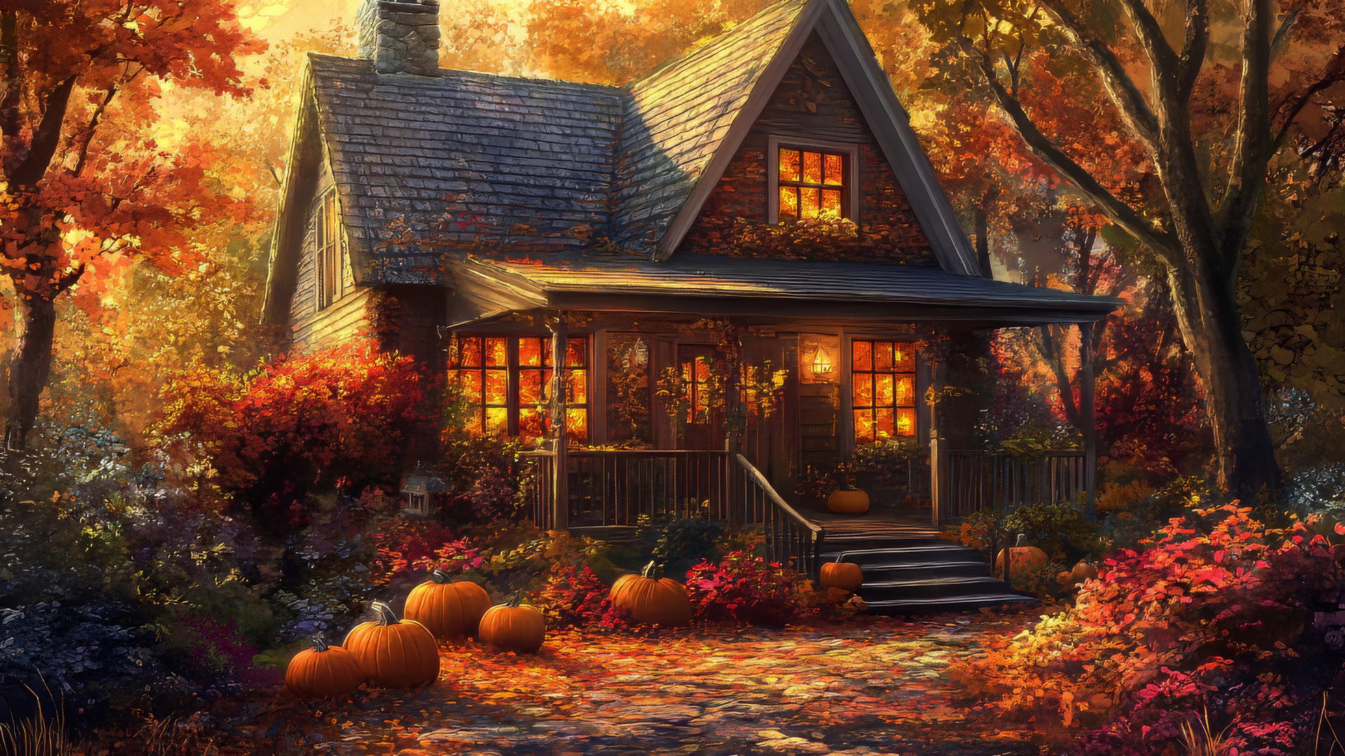 A digital painting of a farmhouse surrounded by fall foliage, with pumpkins on the porch and a warm glow from the windows, perfect for a cozy thanksgiving wallpaper