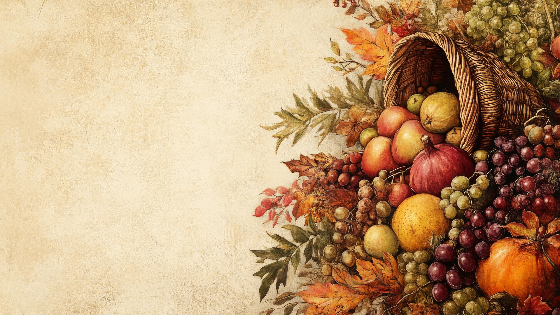 thanksgiving wallpaper with vintage cornucopia overflowing with fruits and vegetables