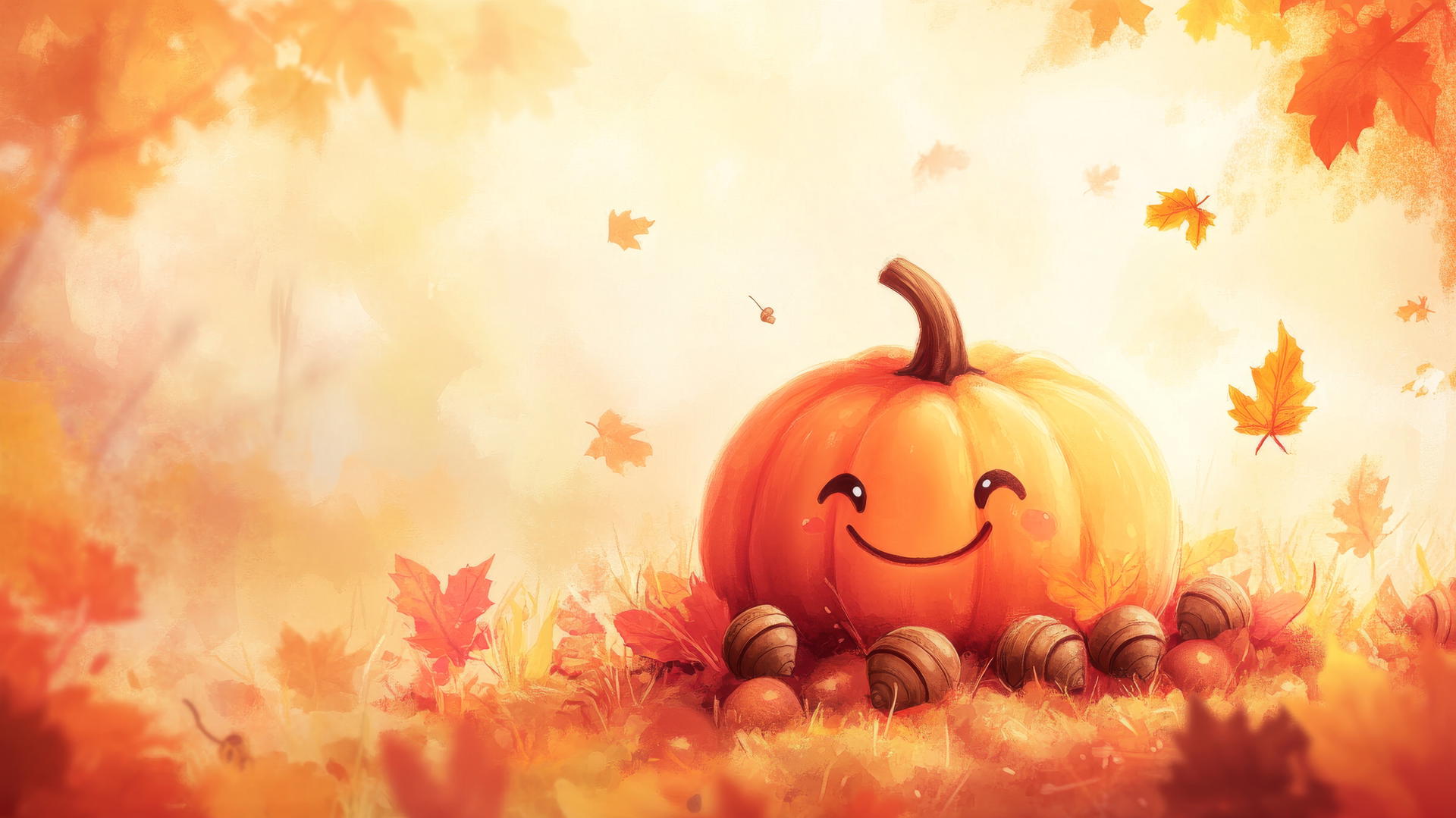 cute thanksgiving wallpaper featuring a smiling pumpkin with acorns and autumn leaves