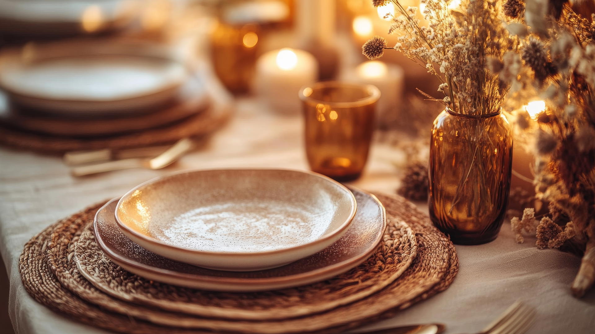 rustic table setting with ceramic plates, dried flowers, amber glass candles, thanksgiving wallpaper aesthetic