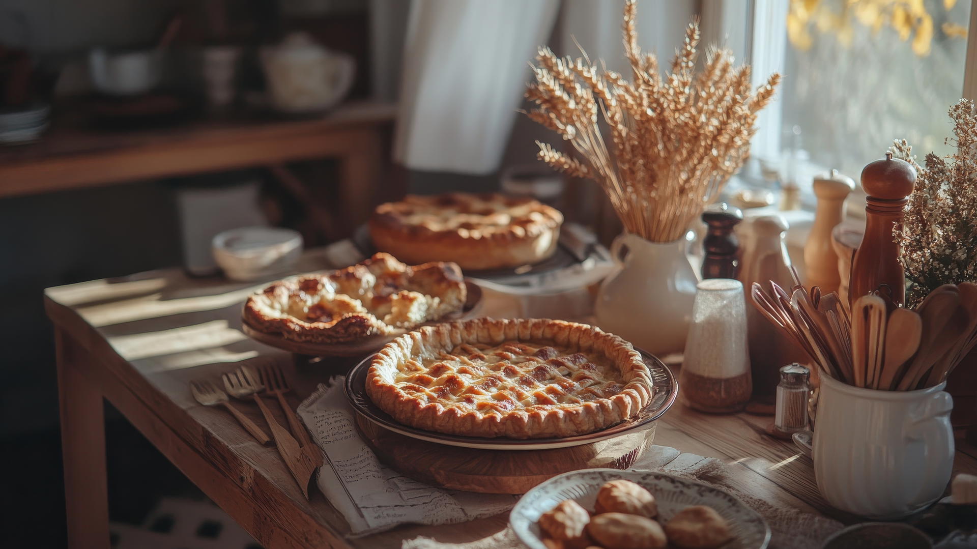 thanksgiving aesthetic wallpaper with rustic kitchen table, warm morning light, freshly baked pies, wooden utensils, dried wheat bouquet.