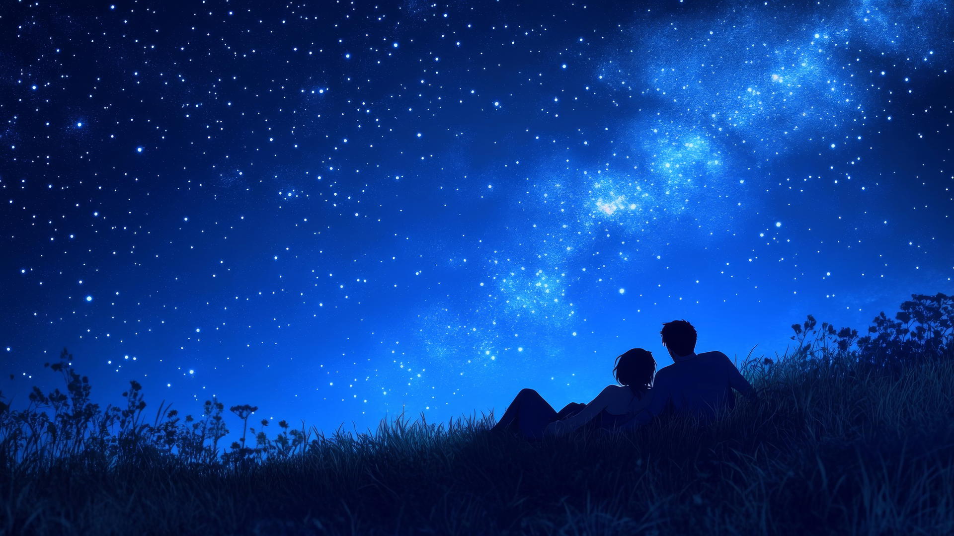 summer background wallpaper with a couple lying on a grassy hill under a star-filled sky