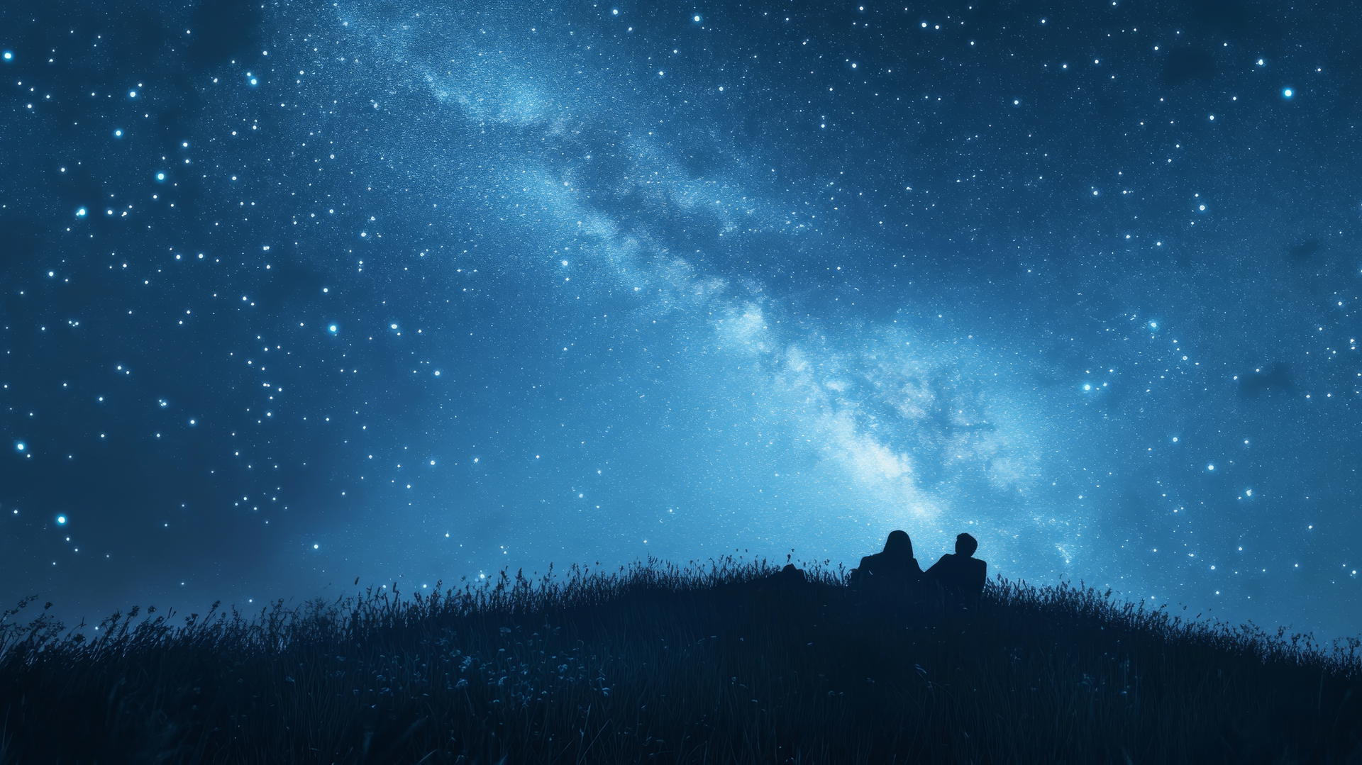 summer background wallpaper with a star-filled sky and couple's silhouette