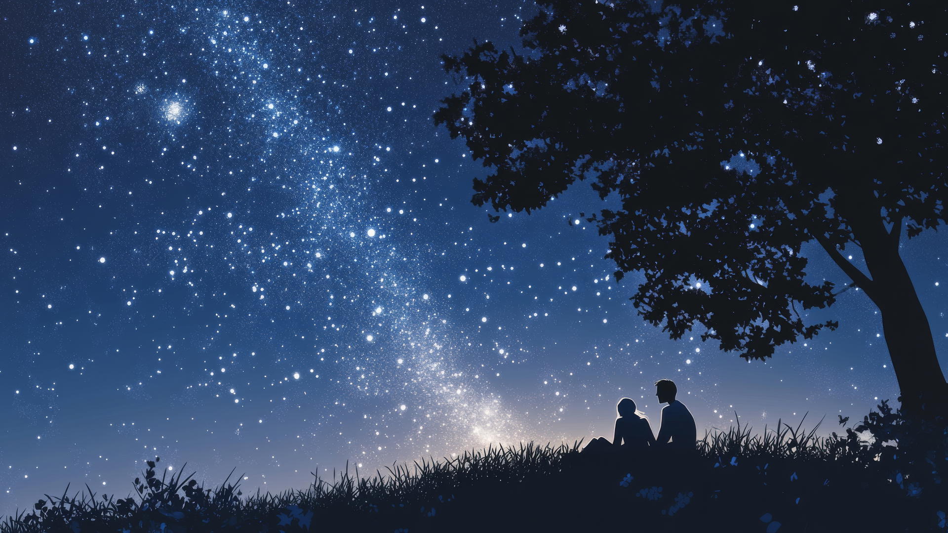 summer background wallpaper of a couple on a grassy hill under a star-filled sky