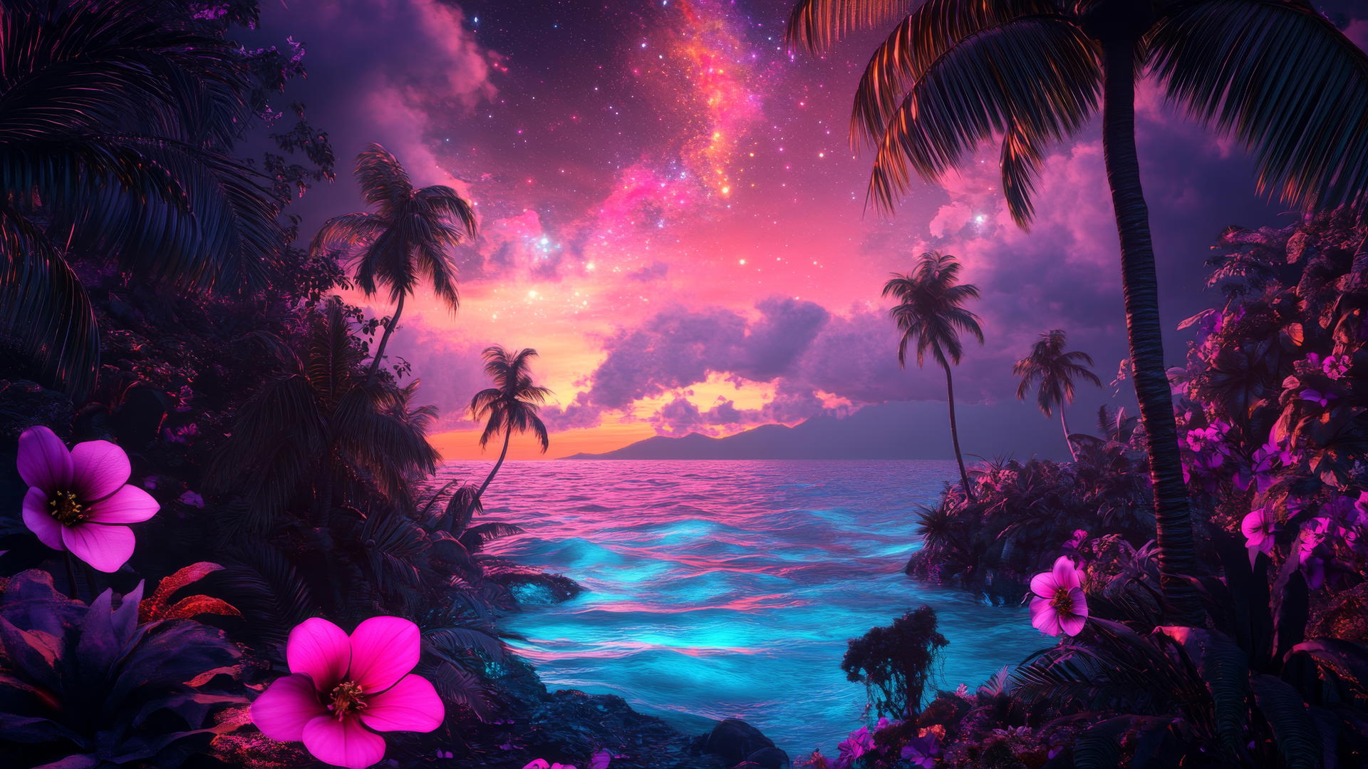 surreal tropical dreamscape with oversized exotic flowers, floating palm trees, neon pink ocean, under starry sky, summer wallpaper aesthetic