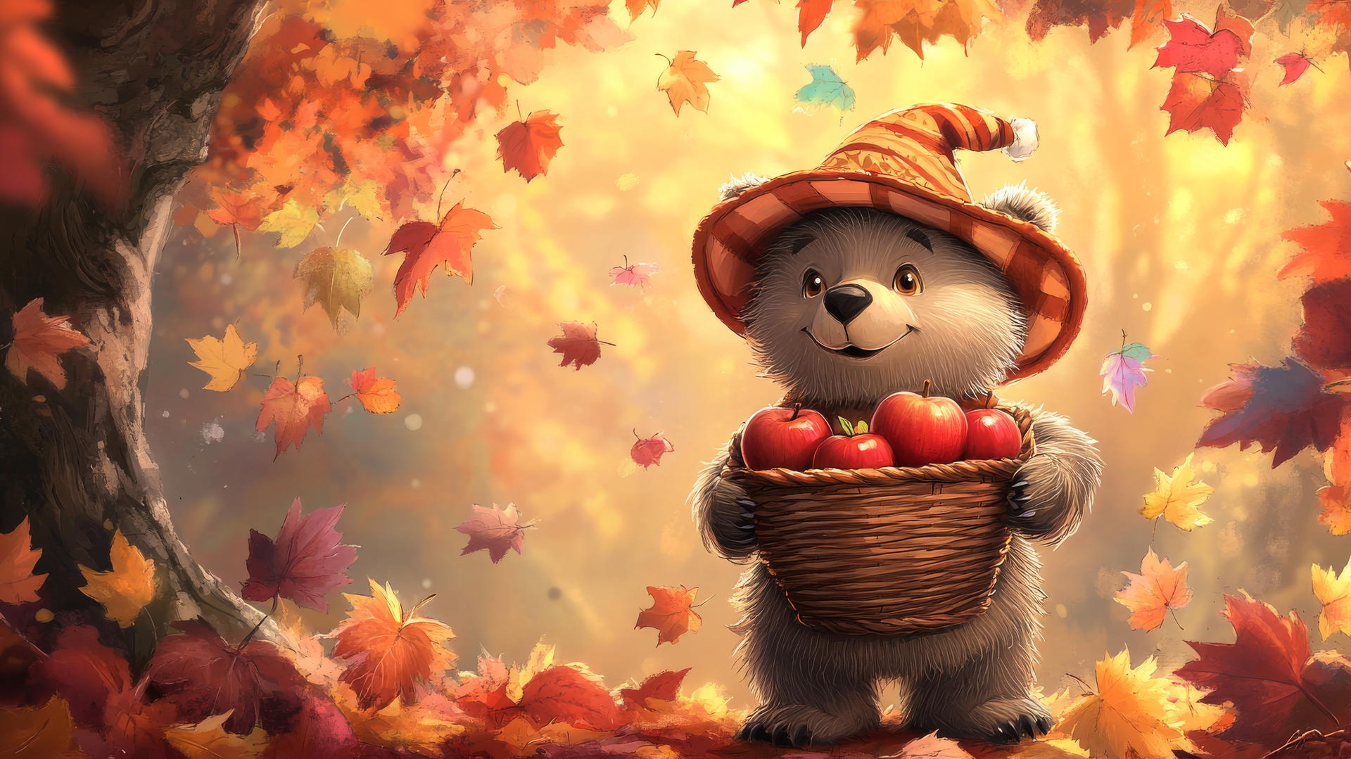 Thanksgiving wallpaper cute with cartoon bear in pilgrim hat holding apples, surrounded by falling leaves