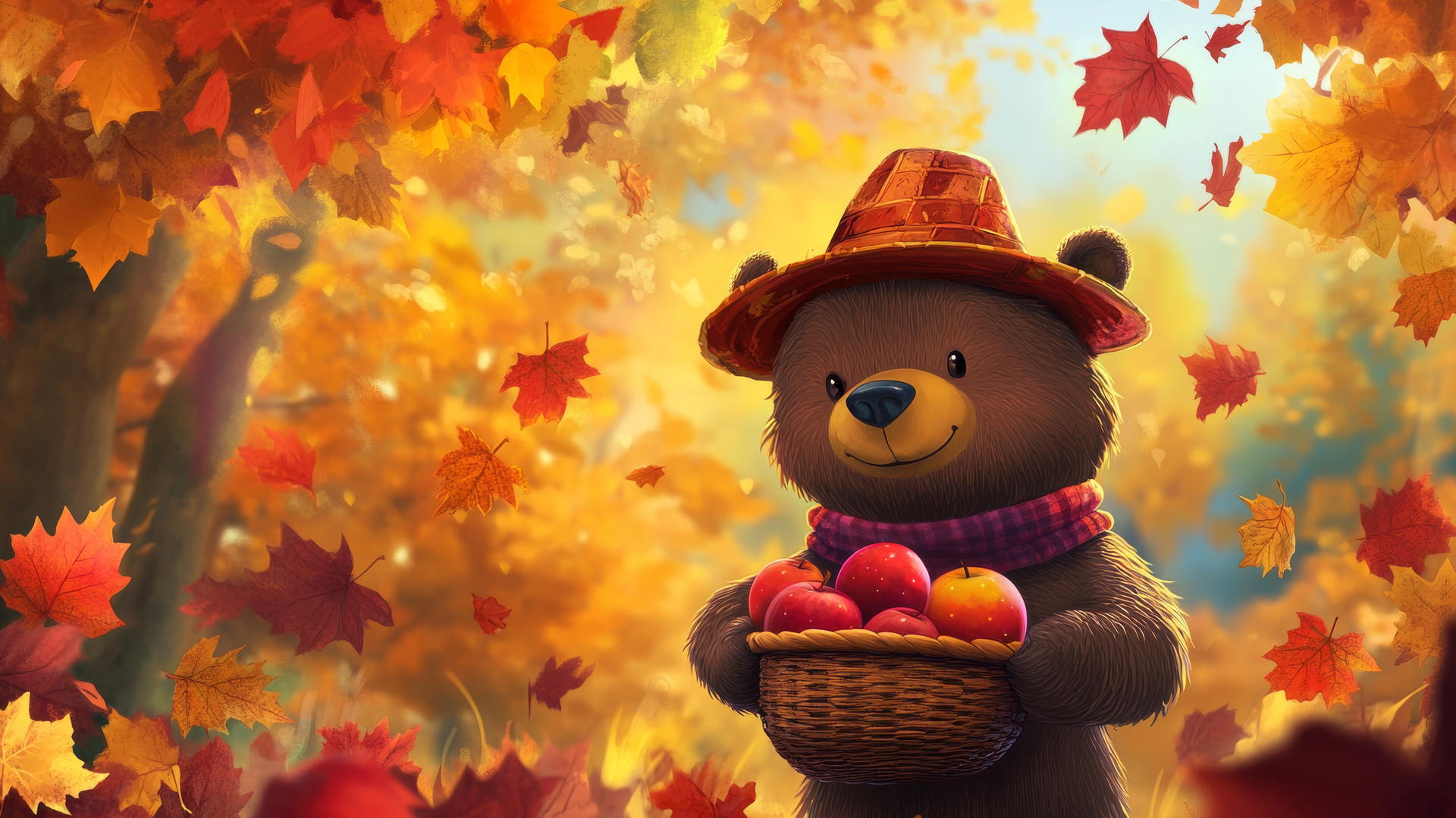 Thanksgiving wallpaper cute cartoon bear with pilgrim hat holding basket of apples