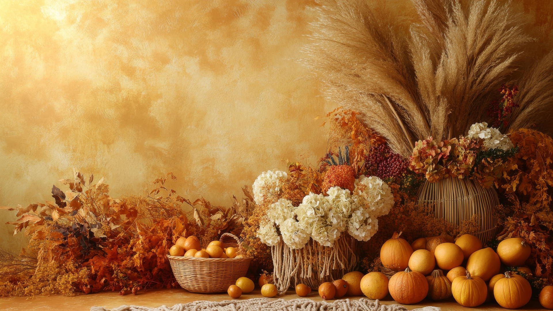 Thanksgiving wallpaper aesthetic with macramé hangings, pampas grass, and woven baskets