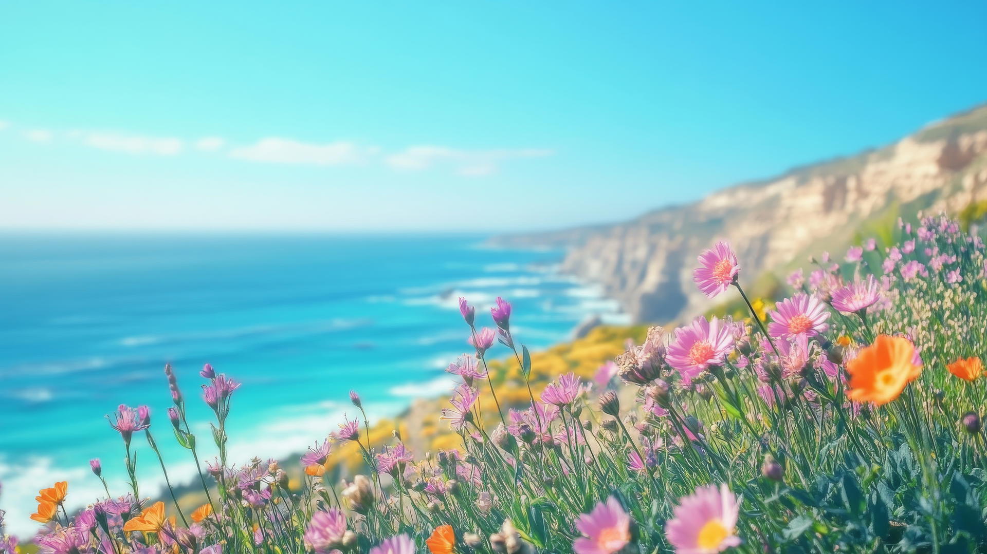 summer aesthetic wallpaper of coastal cliffside, wildflowers and ocean