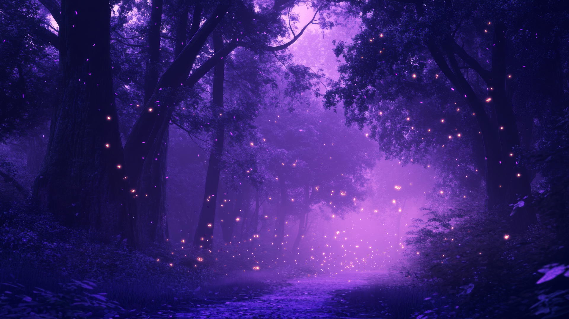 Aesthetic purple wallpaper of a mystical forest with mist and fireflies.