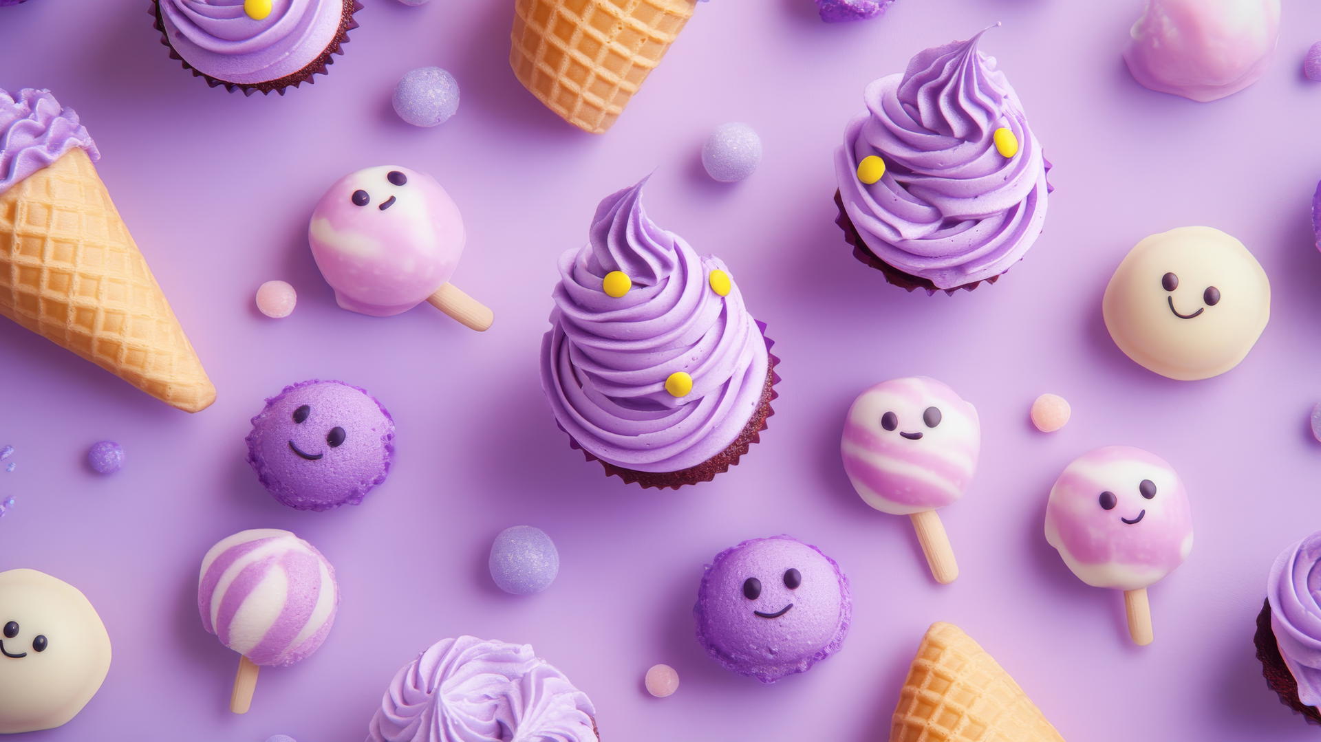 cute purple aesthetic wallpaper with kawaii cupcakes, ice cream, and candy