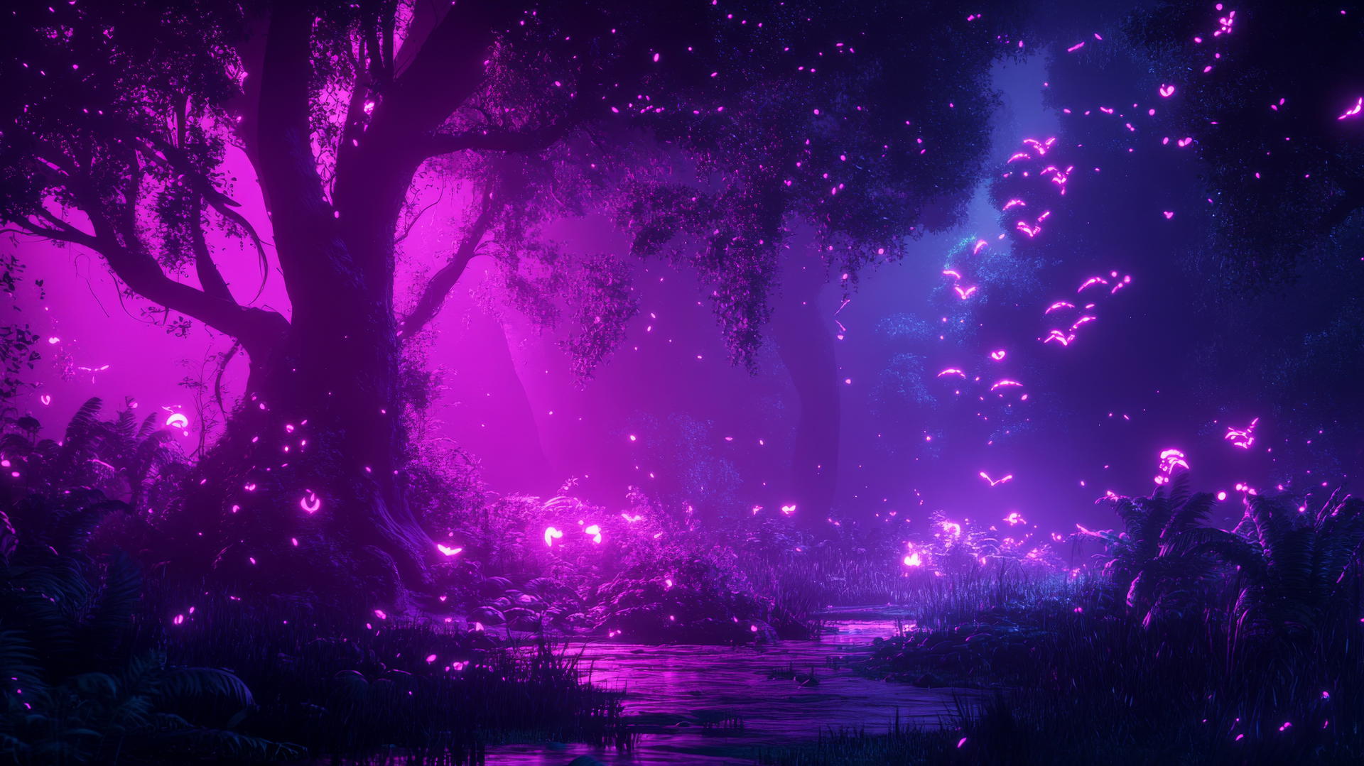 neon purple aesthetic wallpaper with glowing trees and bioluminescent creatures