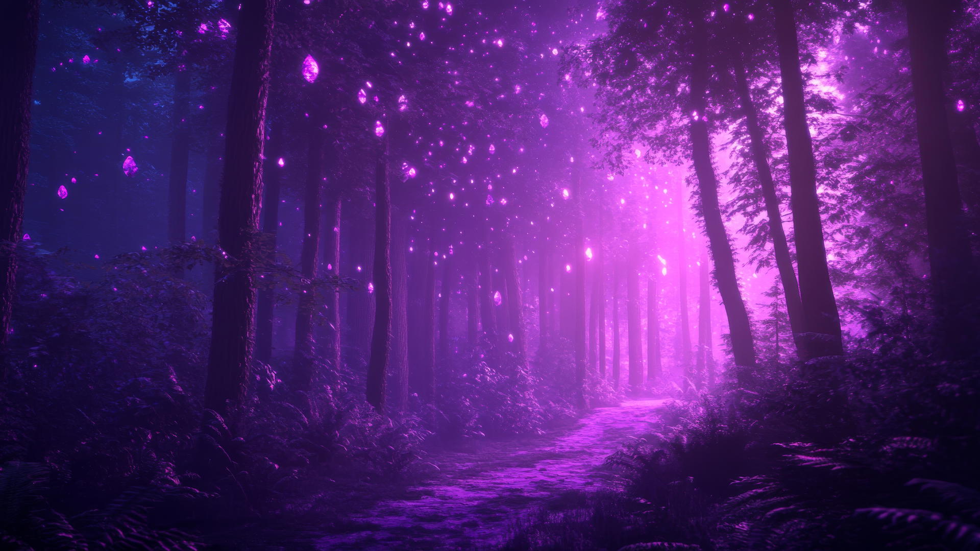 neon purple aesthetic wallpaper of mystical forest with glowing trees and plants