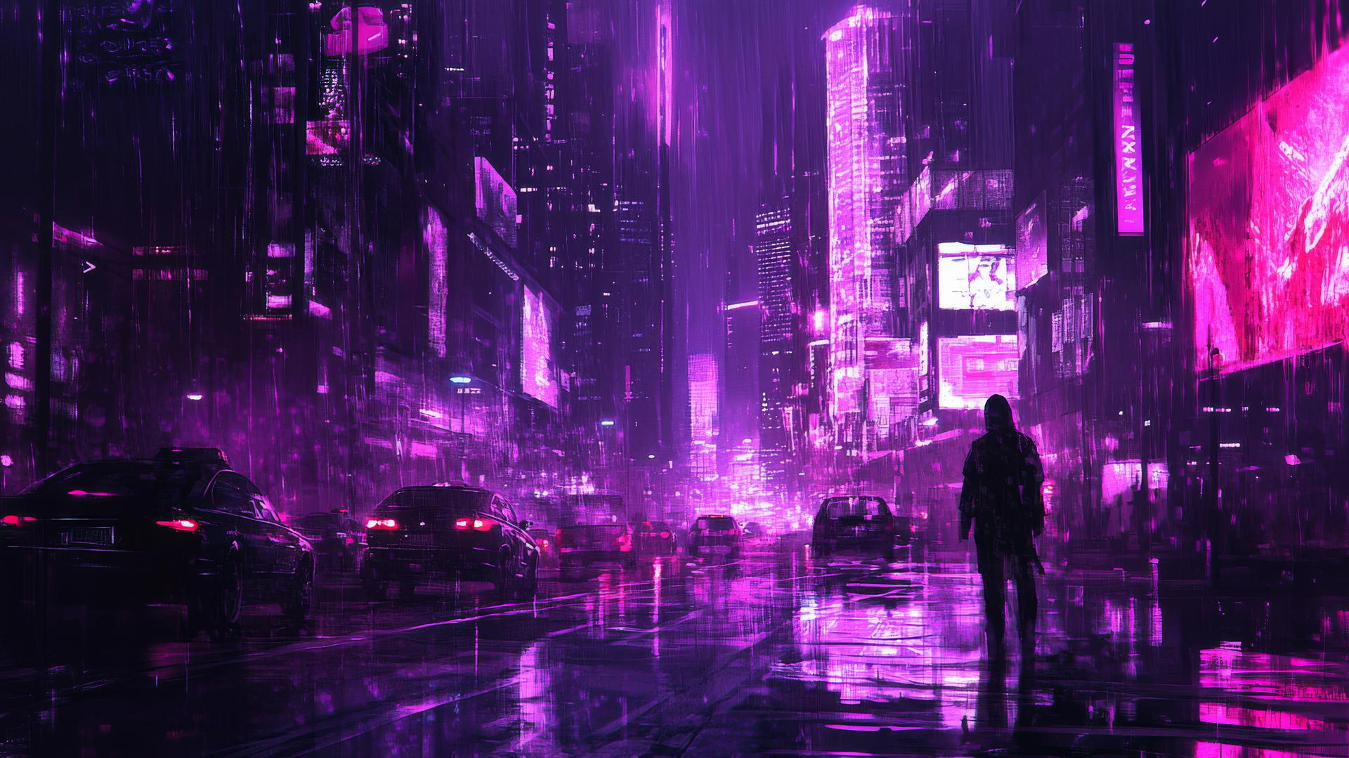dark purple wallpaper of a cyberpunk cityscape with neon lights