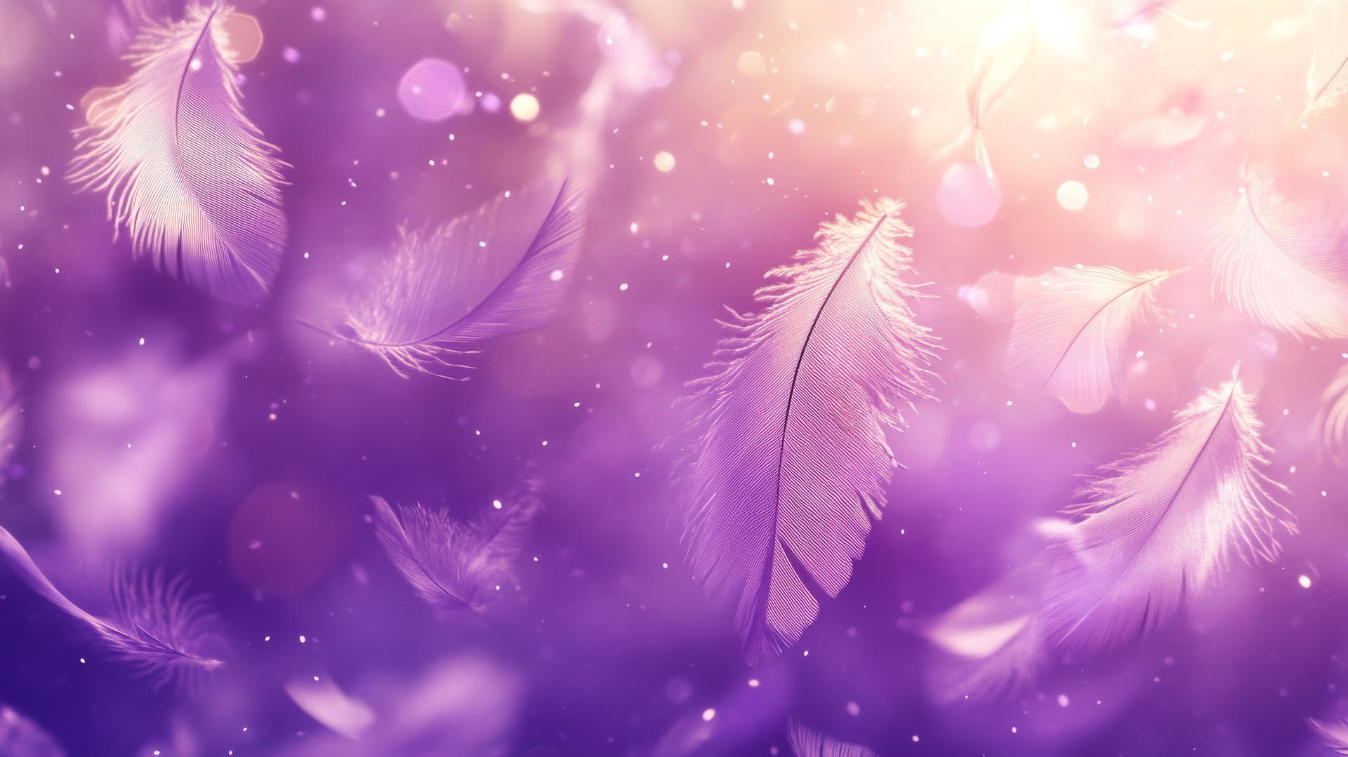 whimsical purple background wallpaper with floating feathers and sparkles